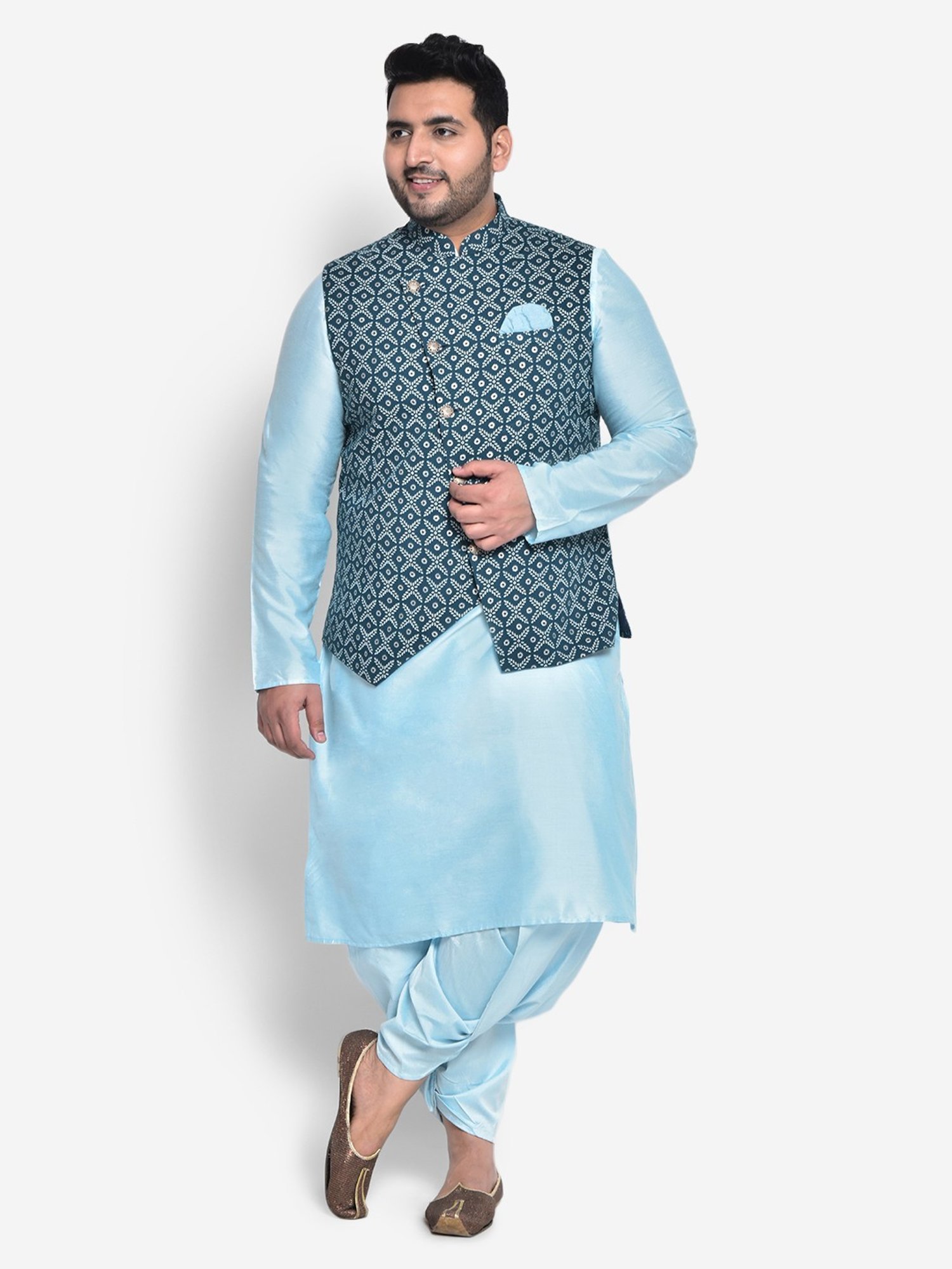 KISAH PLUS Blue Regular Fit Printed Kurta Set With Jacket