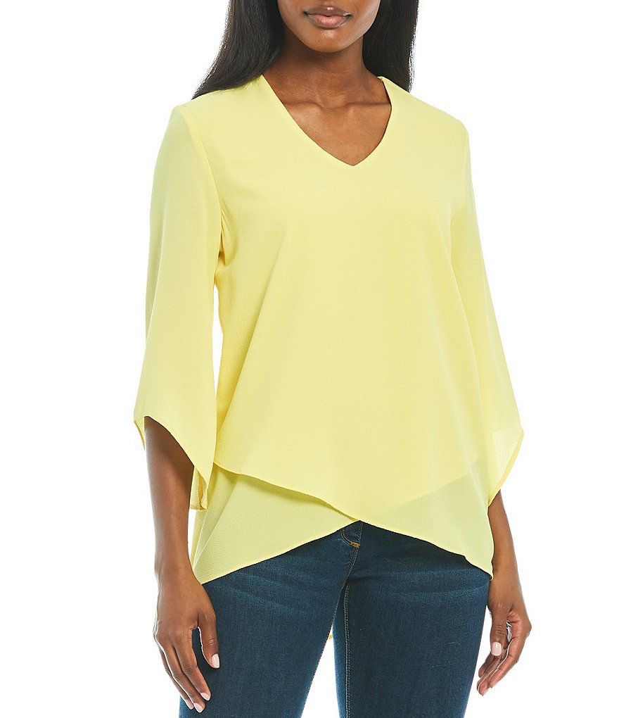 Calessa Petite Size V-Neck Crossover Hem Flute Sleeve Tunic