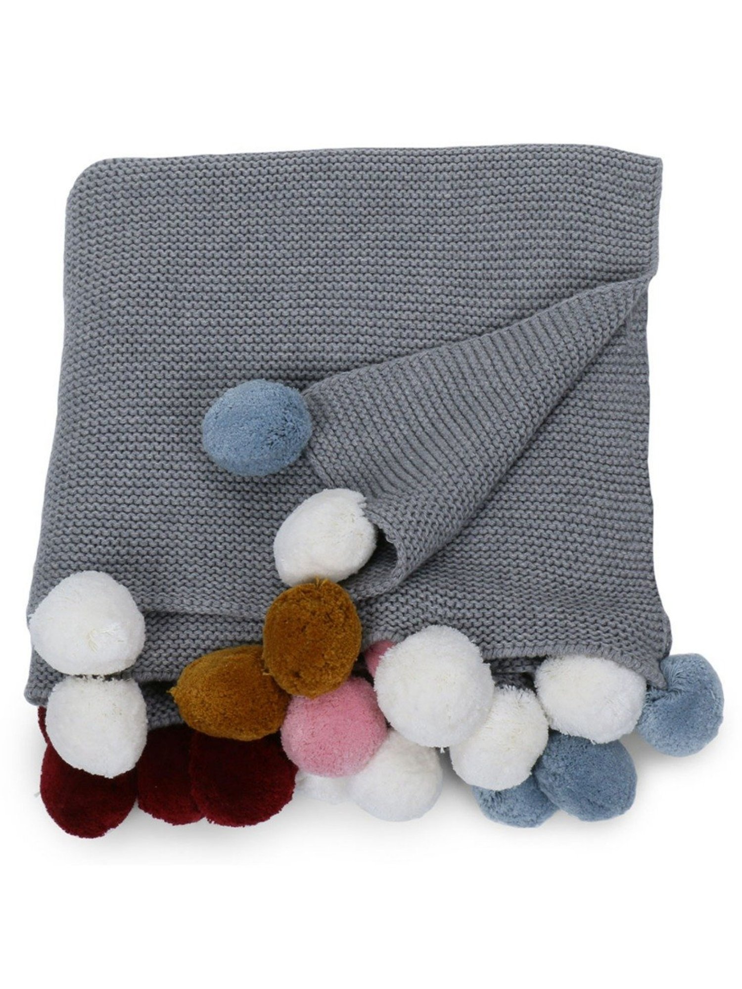 Haus & Kinder Pom Pom Printed Grey Cotton Single Knitted Blanket for Baby