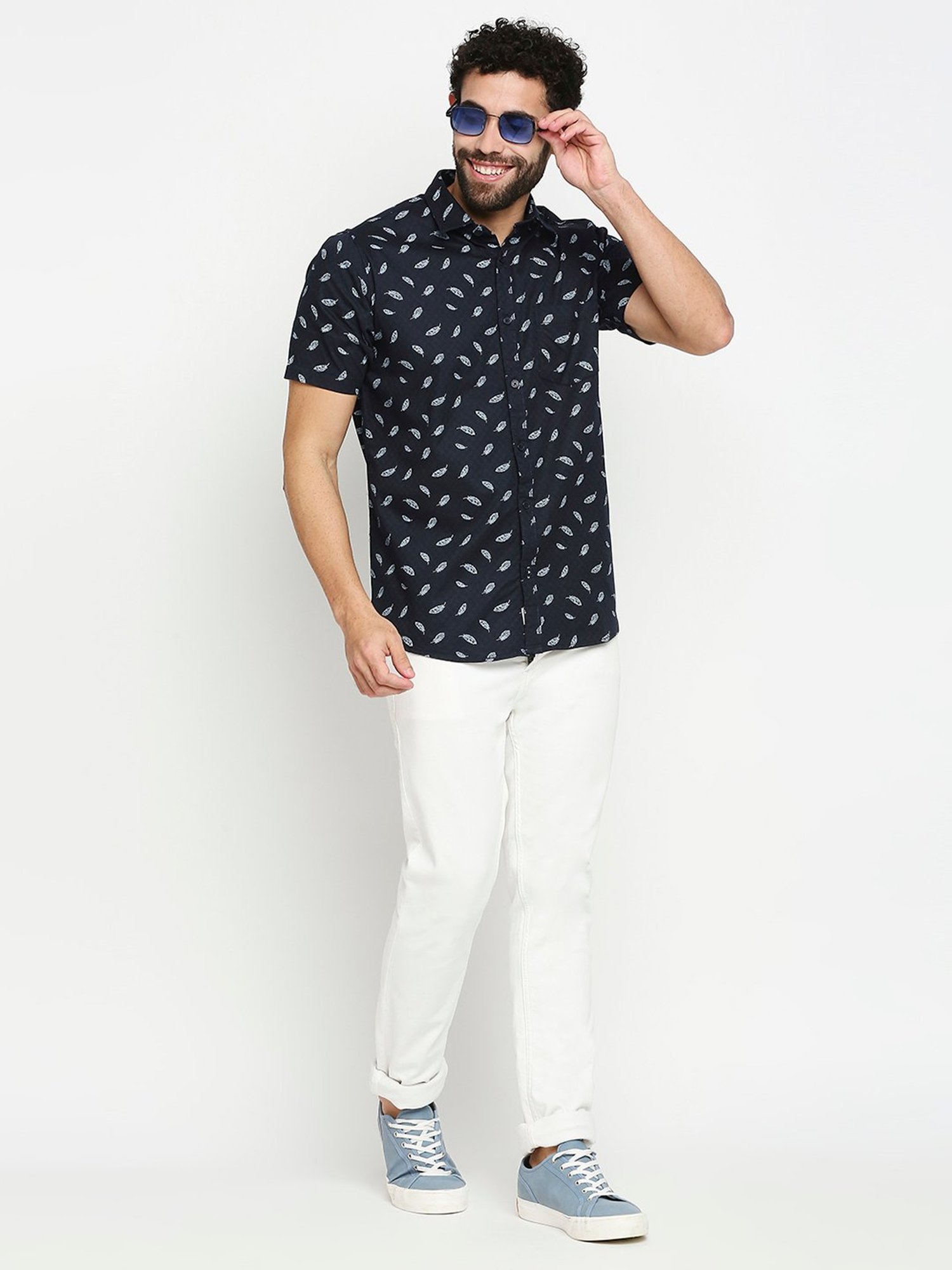 SOLEMIO Navy Slim Fit Printed Cotton Shirt