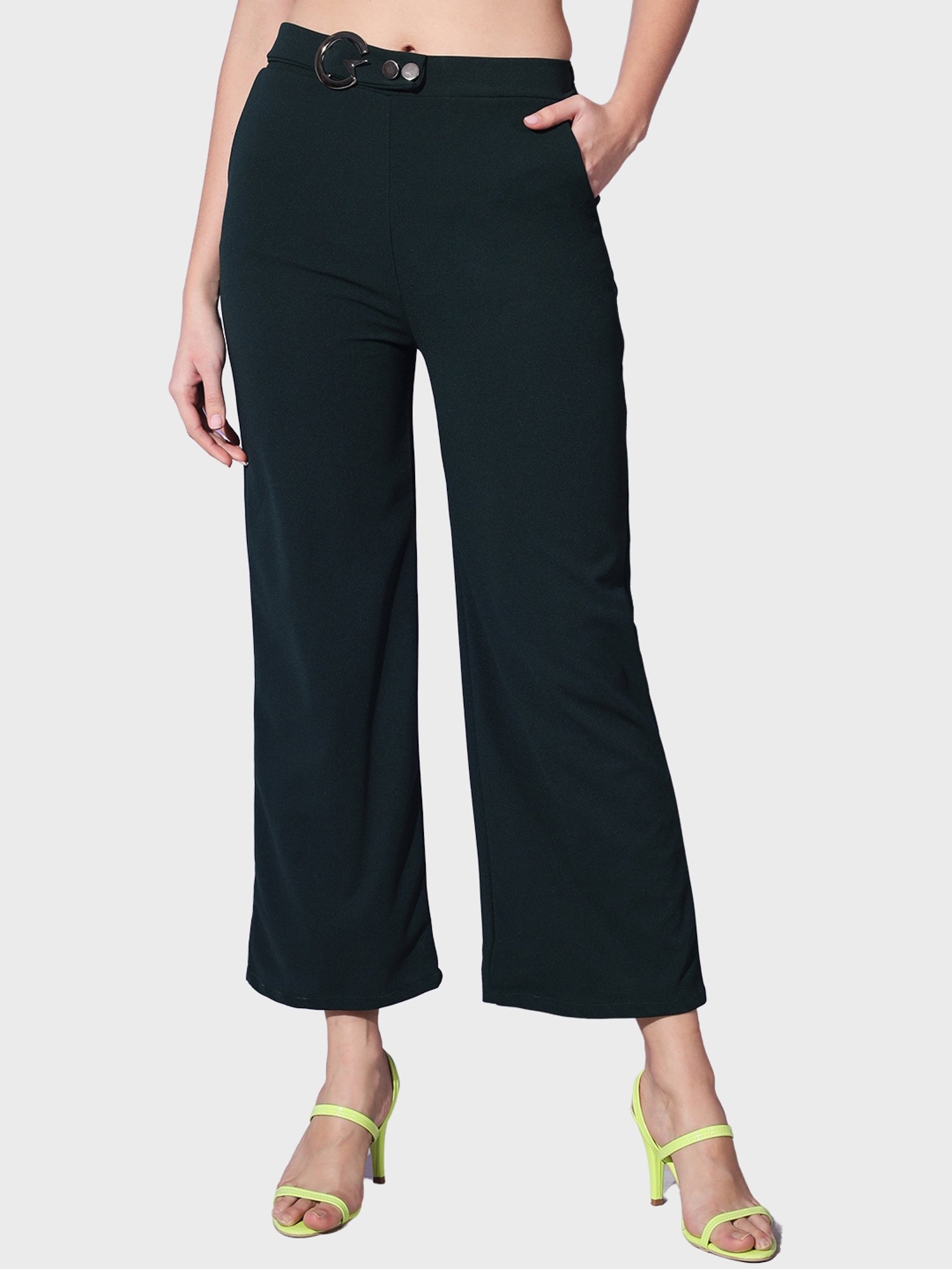 BUYNEWTREND Bottle Green Mid Rise Trousers