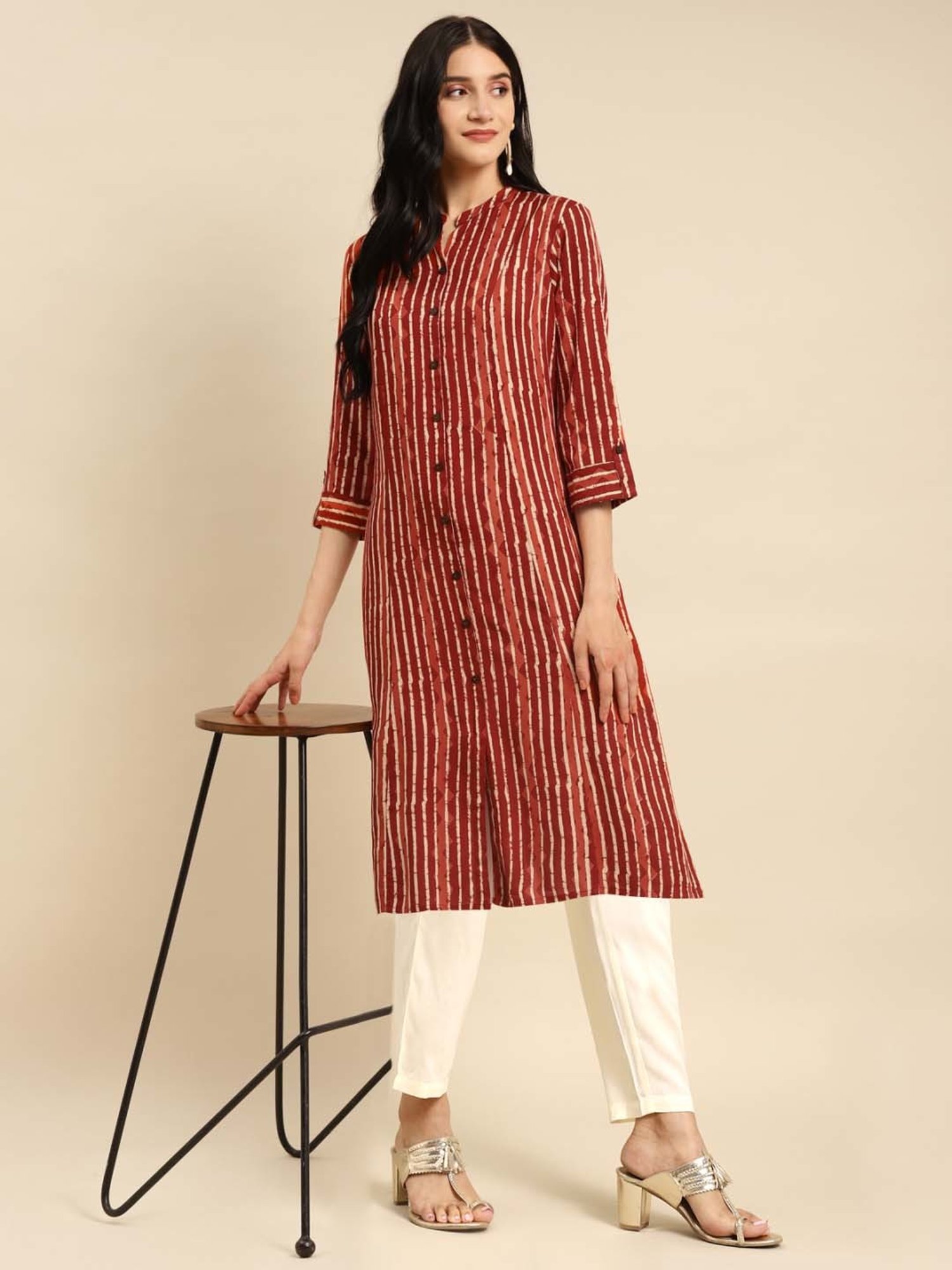 Rangita Maroon & Off-White Striped Kurta Pant Set