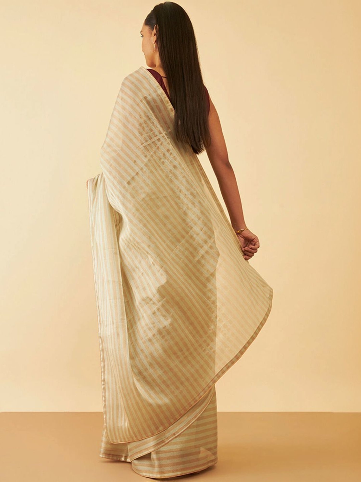Taneira Beige Striped Saree With Unstitched Blouse