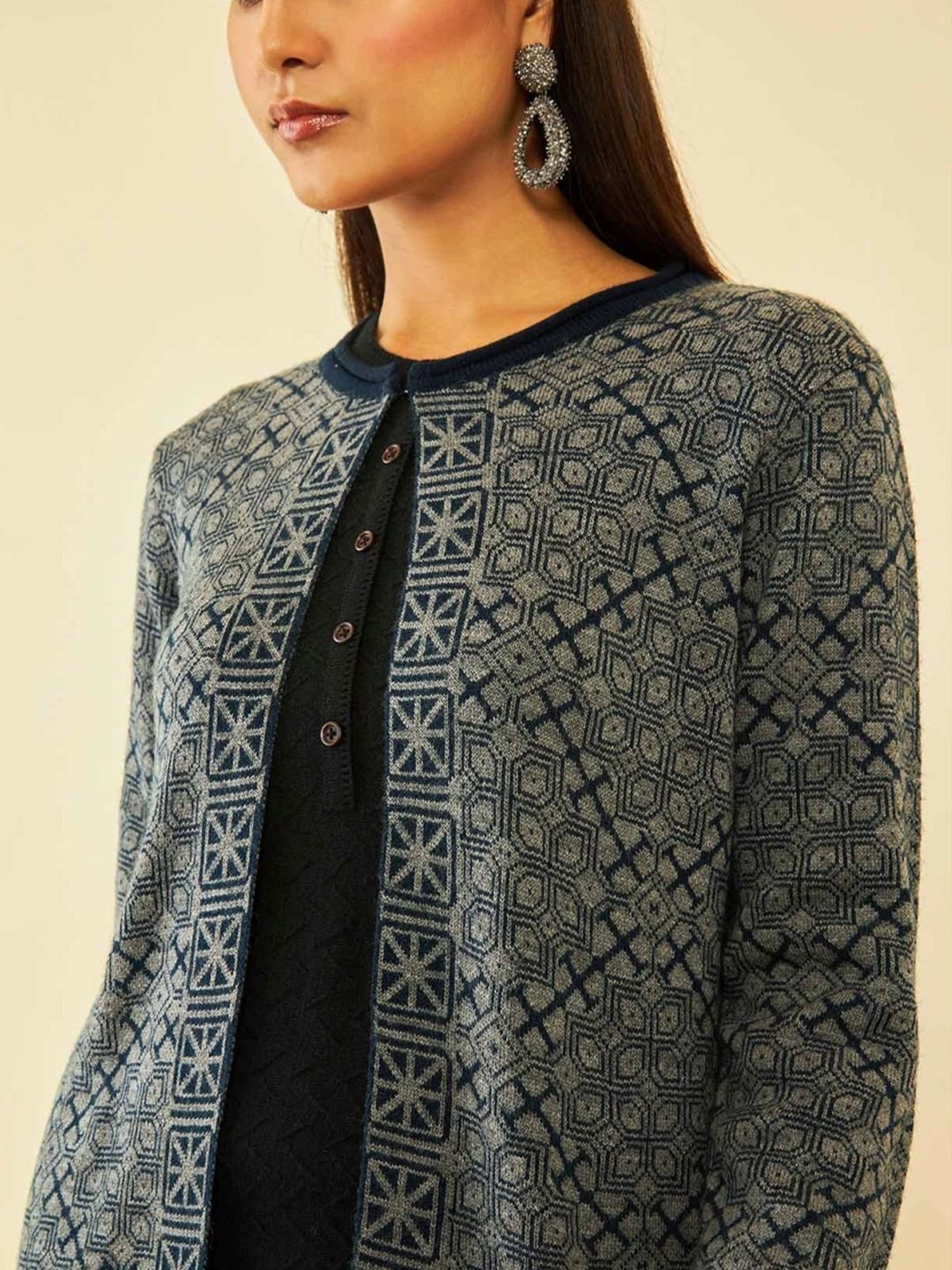 Soch Navy Blue Acrylic Ethnic Motifs Pattern Knitted Open-Front Longline Shrug