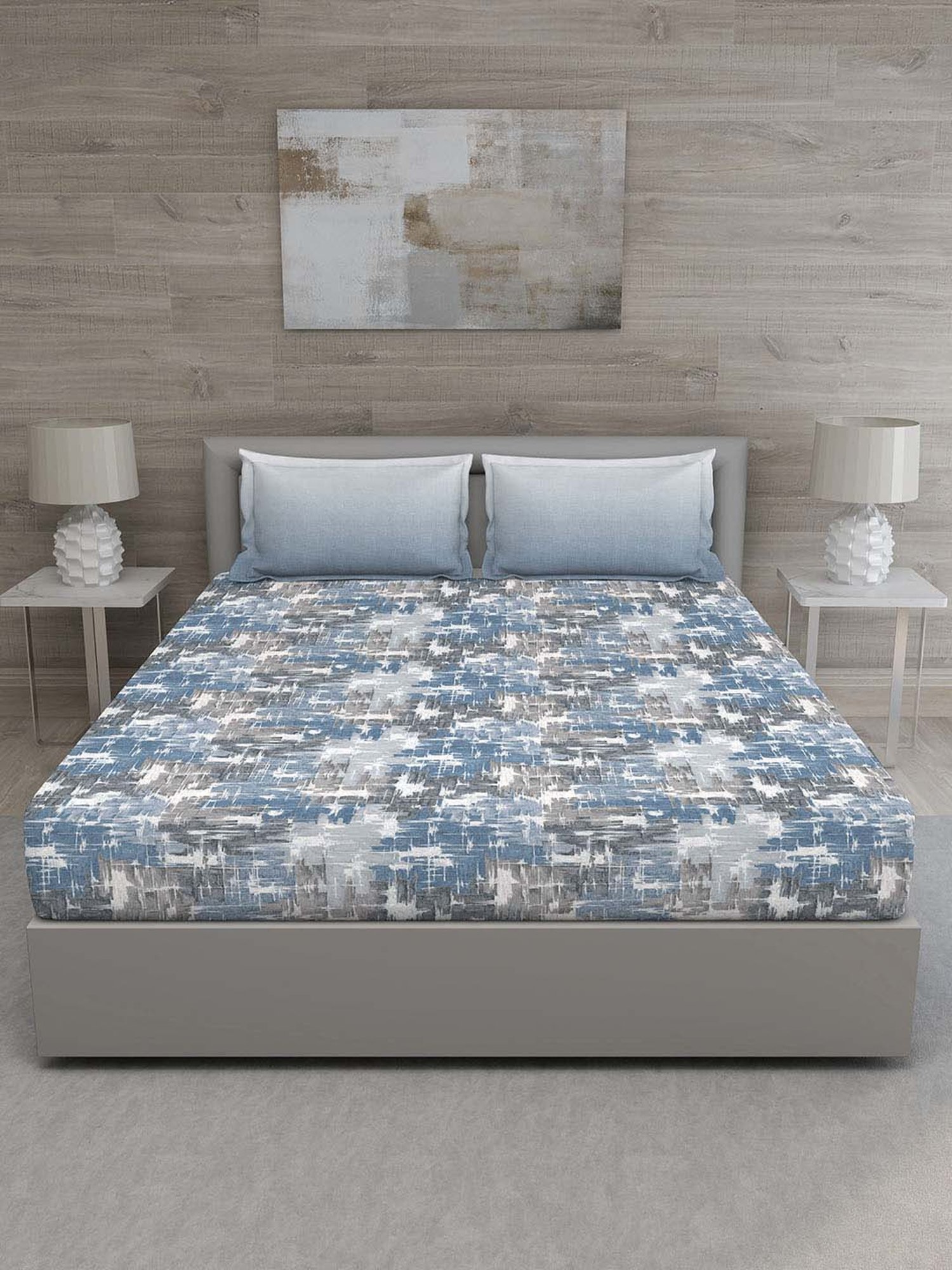 GM Blue & Grey 100% Cotton 144 TC King Bedsheet Set