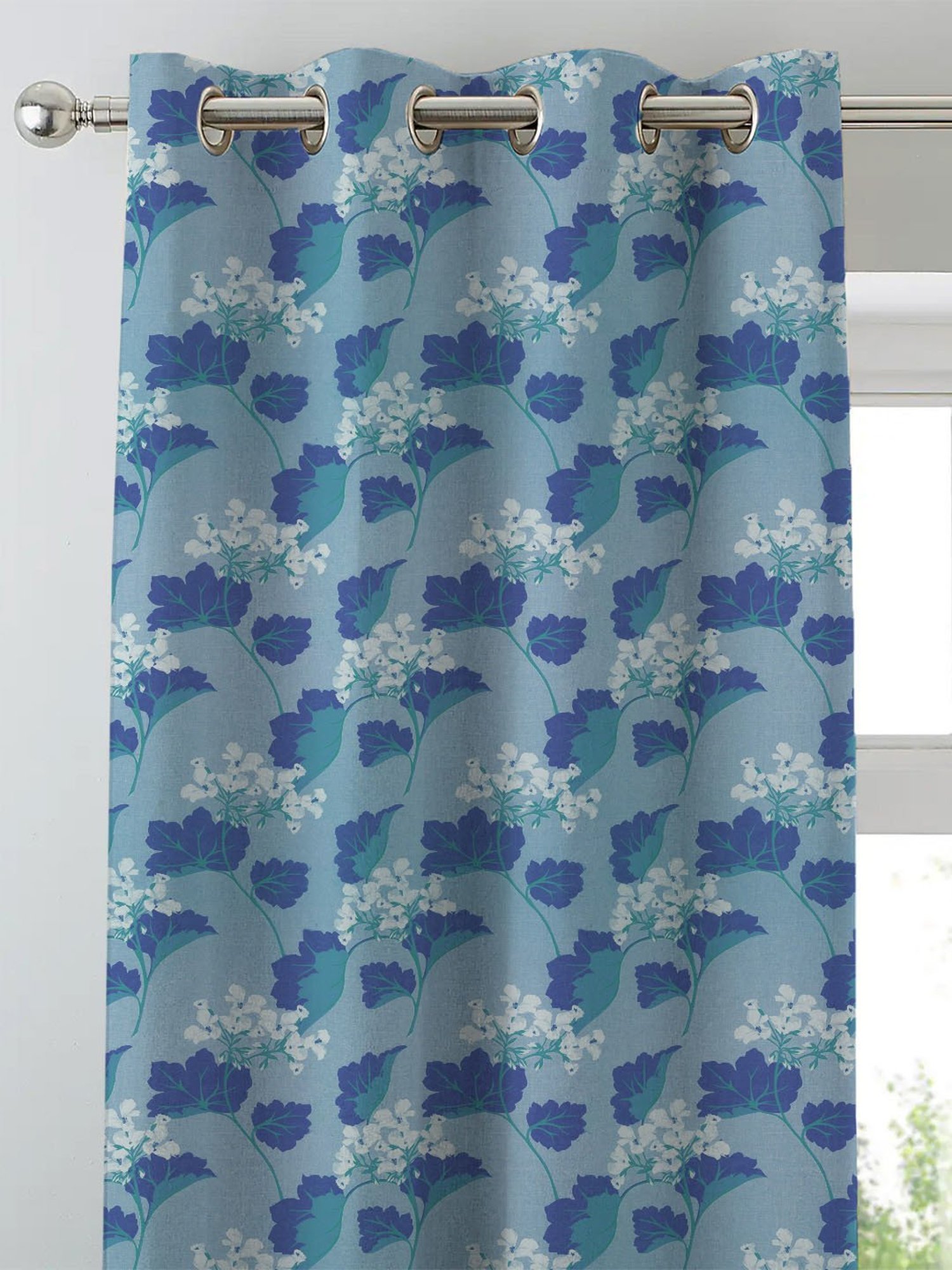 SPACES DRAPE STORY Elegent Blue Floral Polyester 5 ft Curtain - Set of 2