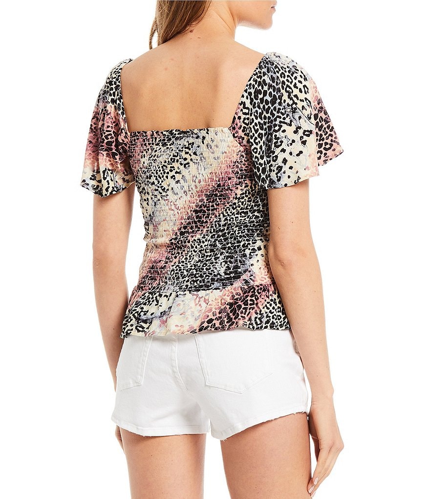 Jessica Simpson Marie Marble Cheetah Smocked Flutter Sleeve Peplum Top