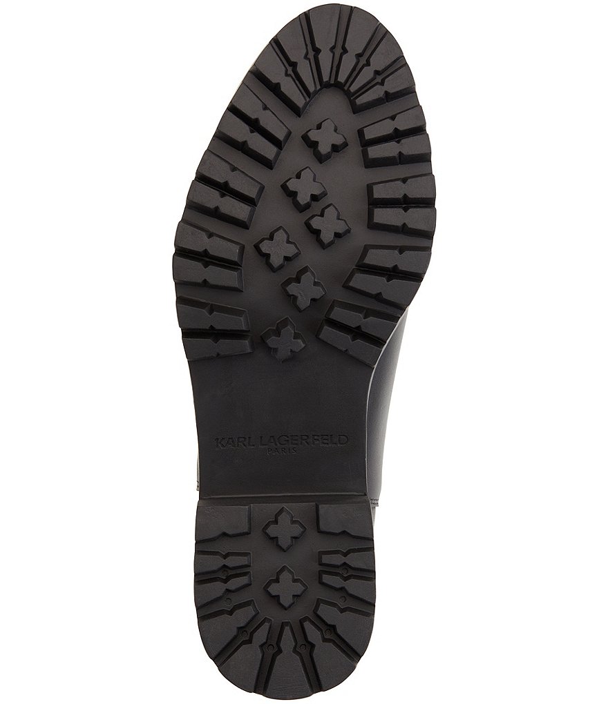 KARL LAGERFELD PARIS Pola Leather Pearl Stud Ankle Strap Lug Sole Chelsea Booties