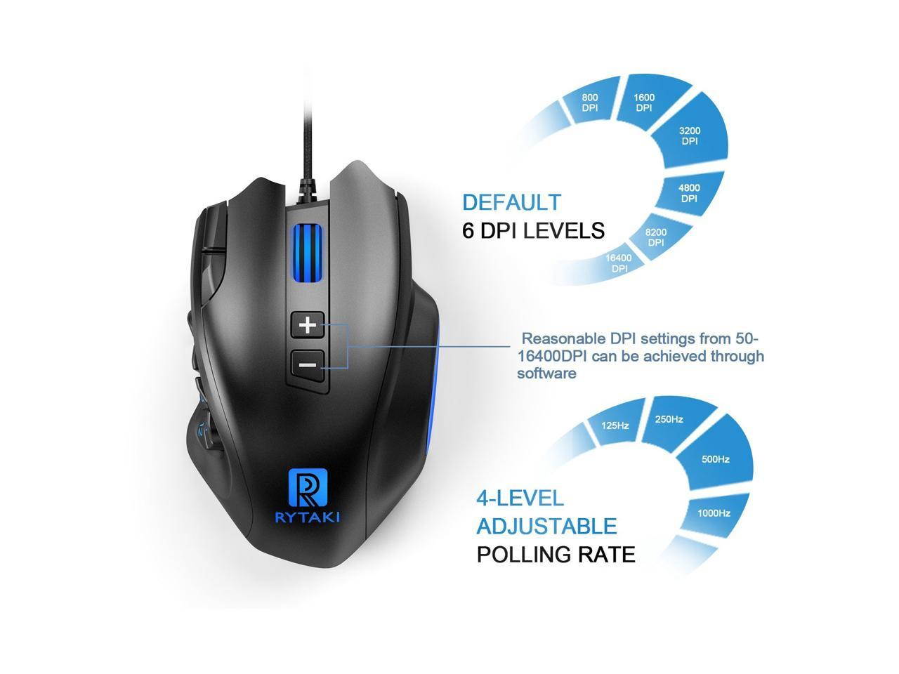 Gaming Mouse, Rytaki High-Precision 16400 DPI Laser MMO Wired Gaming Mice with 19 Programmable Buttons, 12 Side Buttons,6 Adjustable DPI Levels, Weight Tuning Cartridge for PC, Gamer-Black