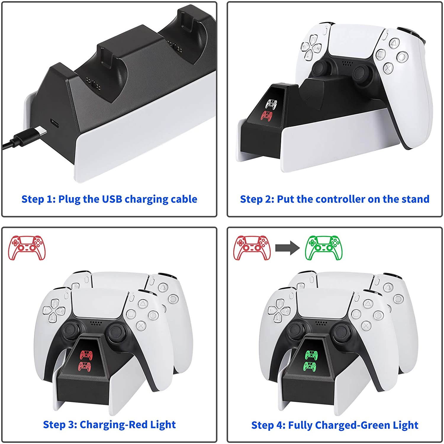 PS5 Dualsense Charging Station, PS5 Controller Charger Station with LED Indicator, Intelligent Chip Protection, USB Cable Fast Charging