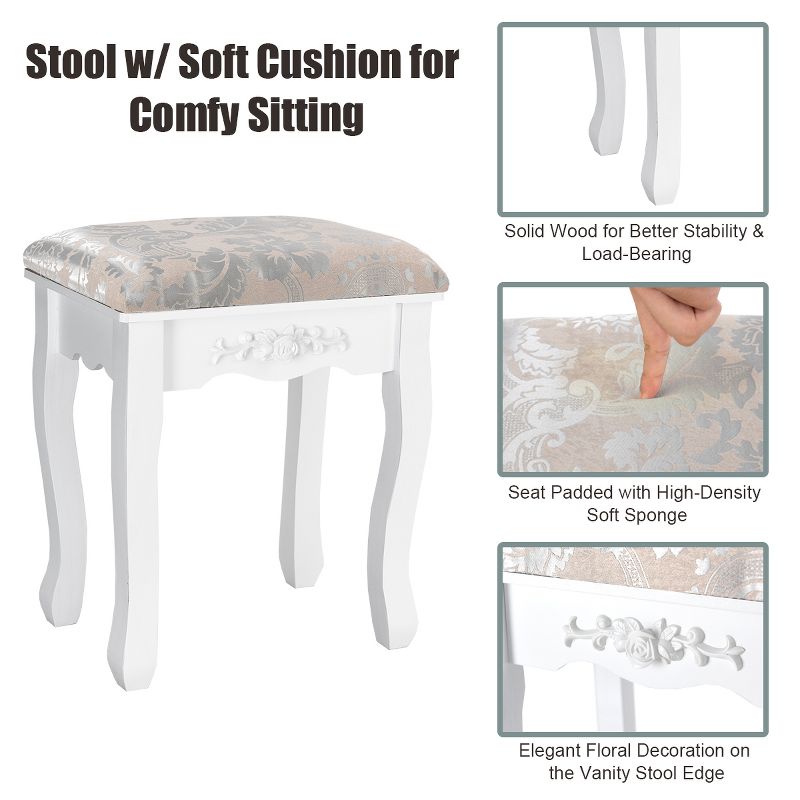 Costway Vanity Wood Makeup Dressing Table Stool Jewelry Desk 4 White