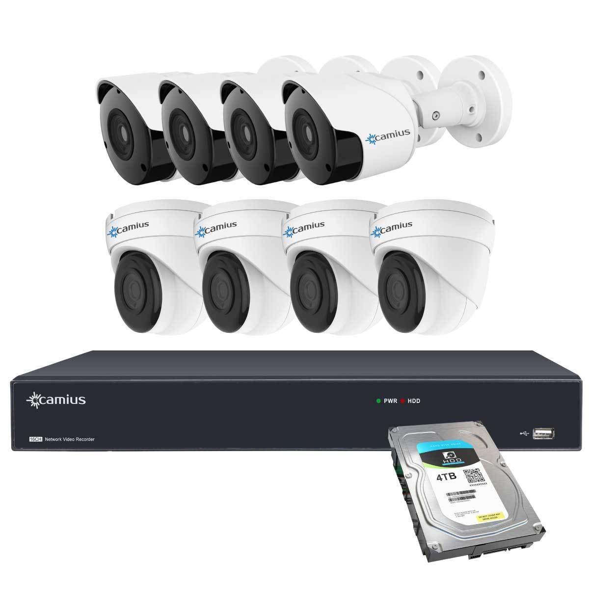 Camius 4K 16 Channel NVR security system with 8 x 5MP Dome & Bullet IP PoE Cameras  with a built-in microphone, 100ft night vision, 2 SATA - SOLD without HDD - 320 Mbps, PC, Mac, phone view - 16PP4B4I