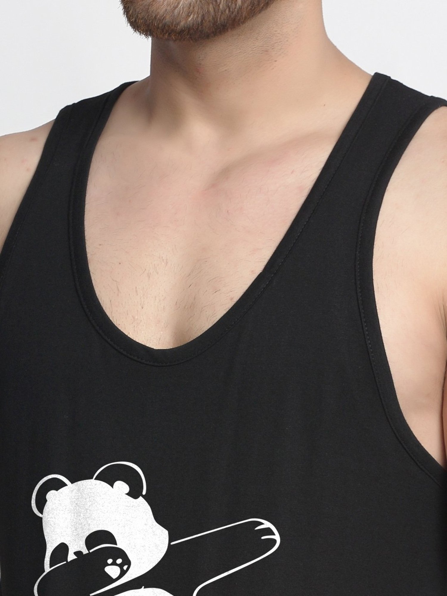 Friskers Black Cotton Slim Fit Printed Gym Vest