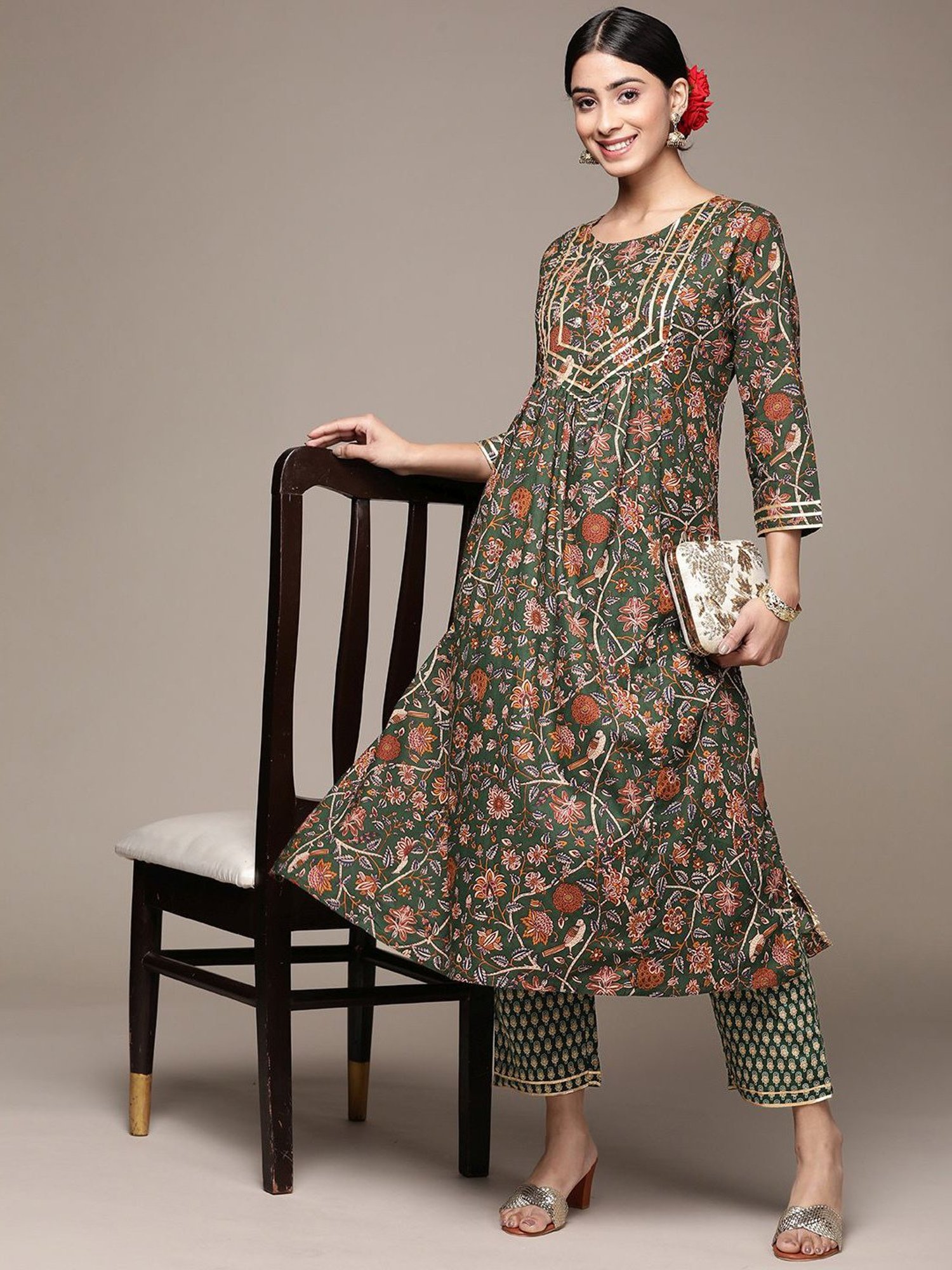 Anubhutee Green Cotton Floral Print Kurta Palazzo Set