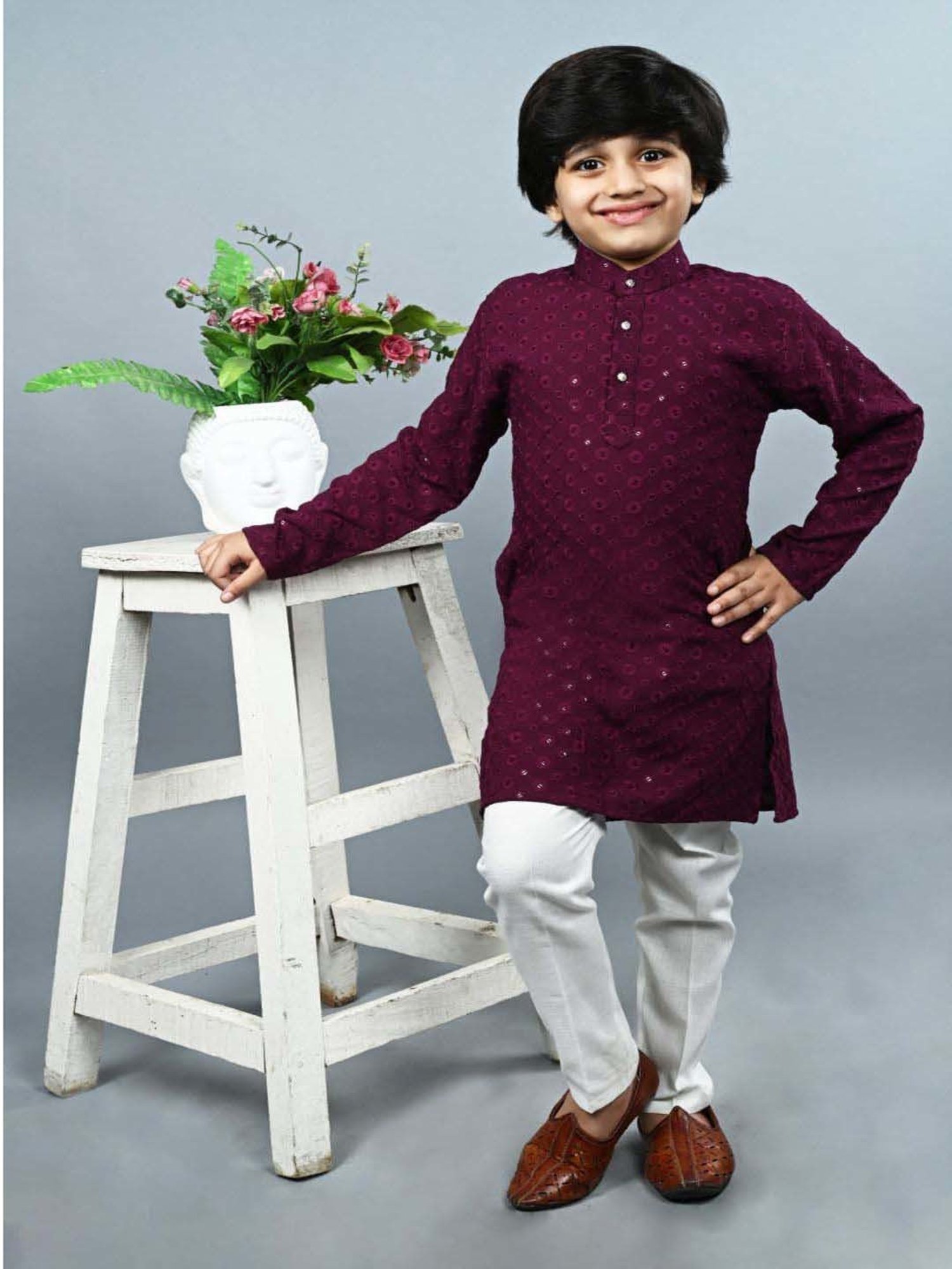 Ahhaaaa Kids Purple & White Cotton Embroidered Full Sleeves Kurta Set