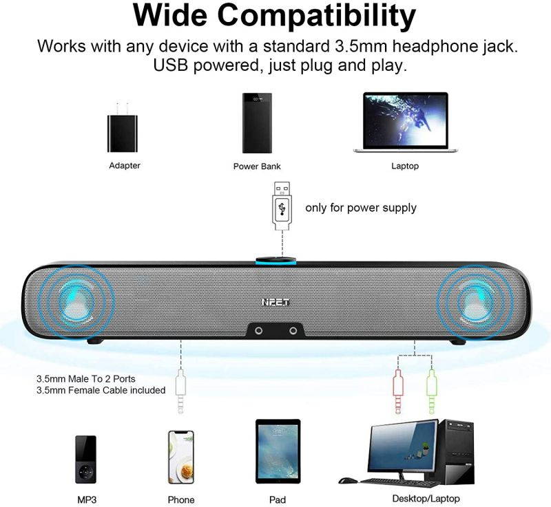 Computer Speaker, PC Wired Desktop Sound Bar with LED Lights, Stereo Sound USB Powered for Desktop, Laptop, Mac, iMac, Tablets and More (Black)