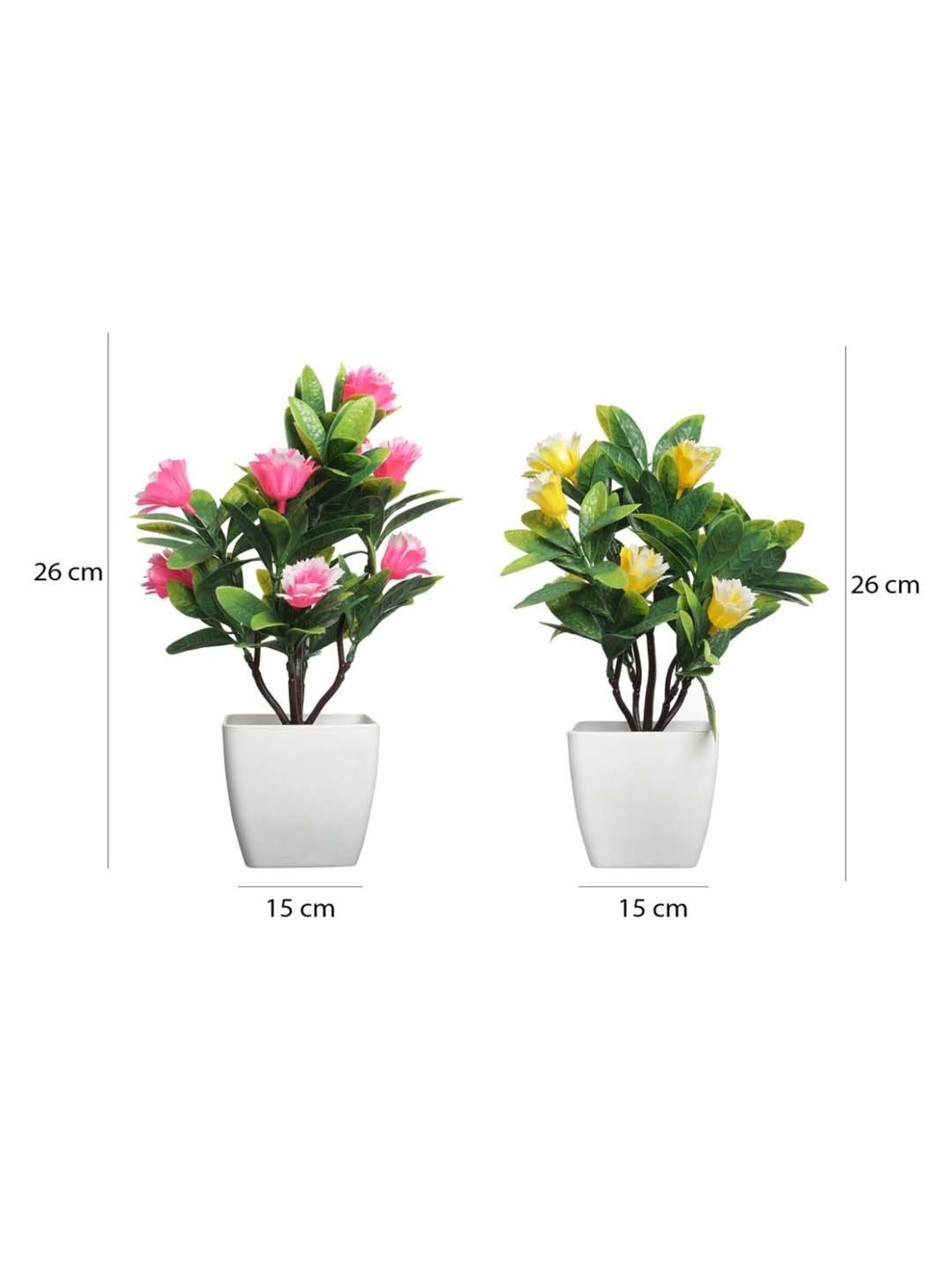 Foliyaj Pink & Yellow Plastic Artificial Bonsai Trees - Set of 2