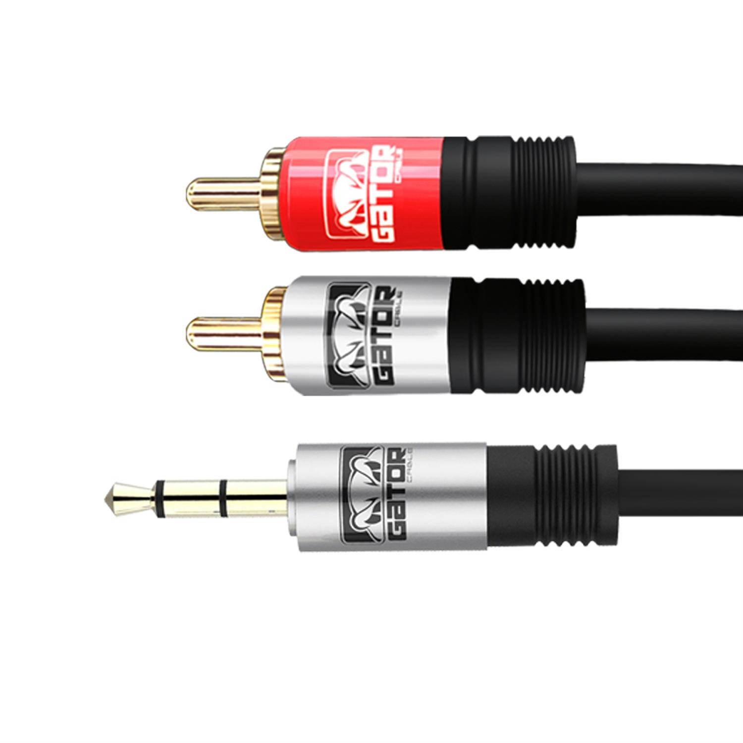 GATOR CABLE AUX to 2 RCA cable - SILVER/RED-SILVER - 15 FT - Gold Plated Connectors - Auxiliary 3.5mm Audio Plug Stereo Phone Cable Cord