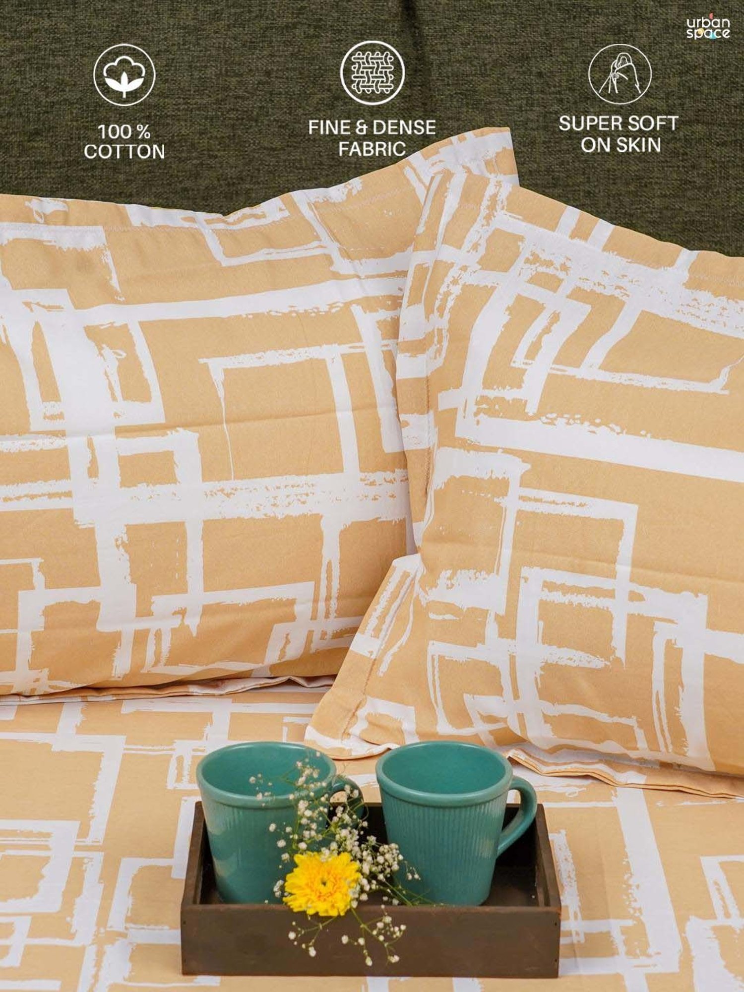 Urban Space Serene Brown Cotton 200 TC Queen Size Bedsheet With Pillow Covers