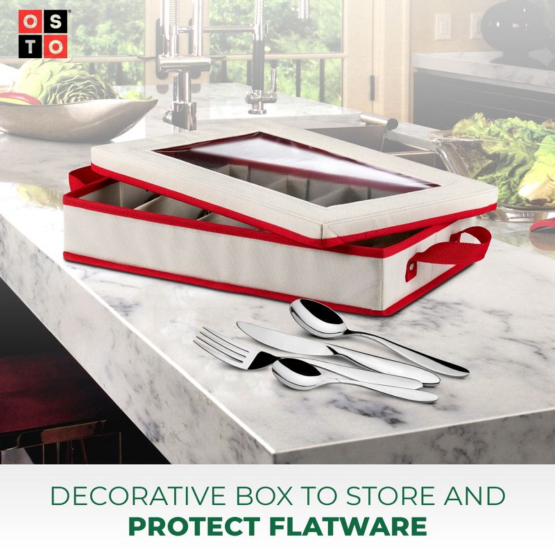 OSTO Holiday Flatware Storage Box with Lid and 5 Sectional Compartments for Dinner Cutlery; Has Clear Window and Handgrips Color Ivory and Red
