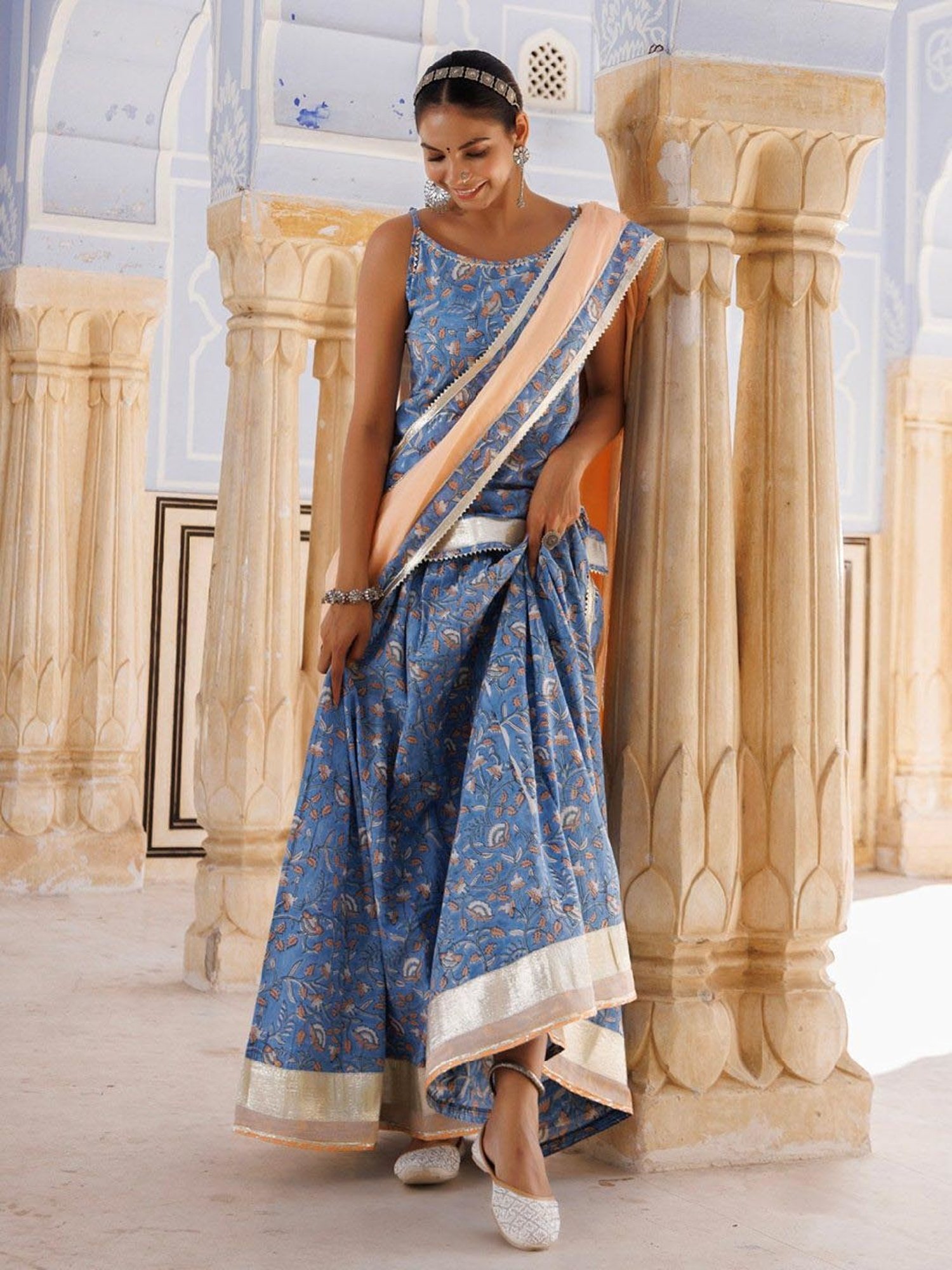 Geroo Jaipur Light Blue-Peach Pure Cotton Hand Block Printed Skirt Set