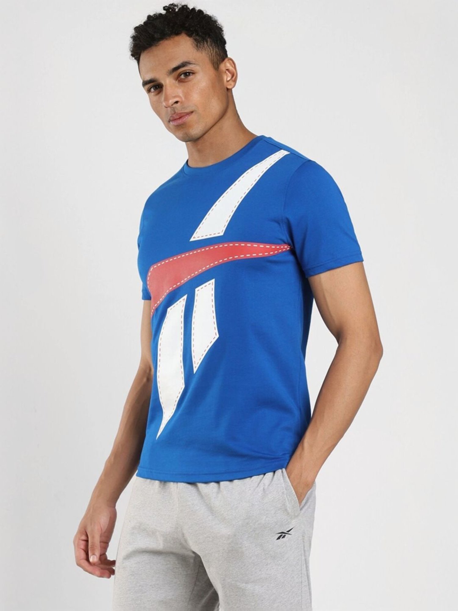 Reebok Blue Slim Fit Logo Printed T-Shirt