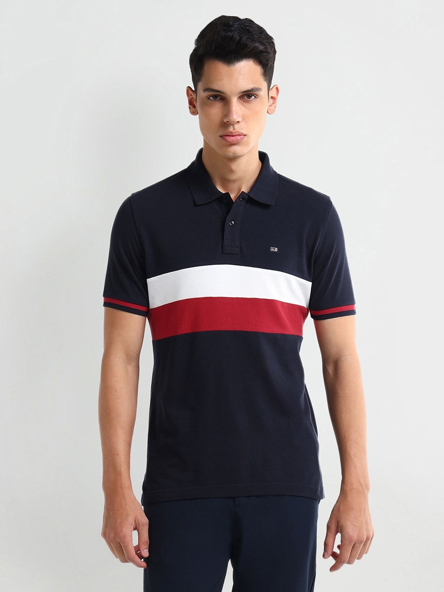 Arrow Blue Regular fit Stripes Polo T-Shirt