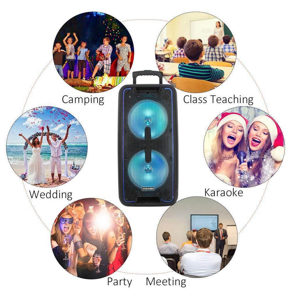 Starqueen Portable Bluetooth PA Speaker Dual 10Inch Woofer with Flashing Lights, Rechargeable Battery Powered Karaoke Loudspeaker Active DJ Party Speaker with 2 UHF Microphones, FM/MP3/USB/TF Card/AUX