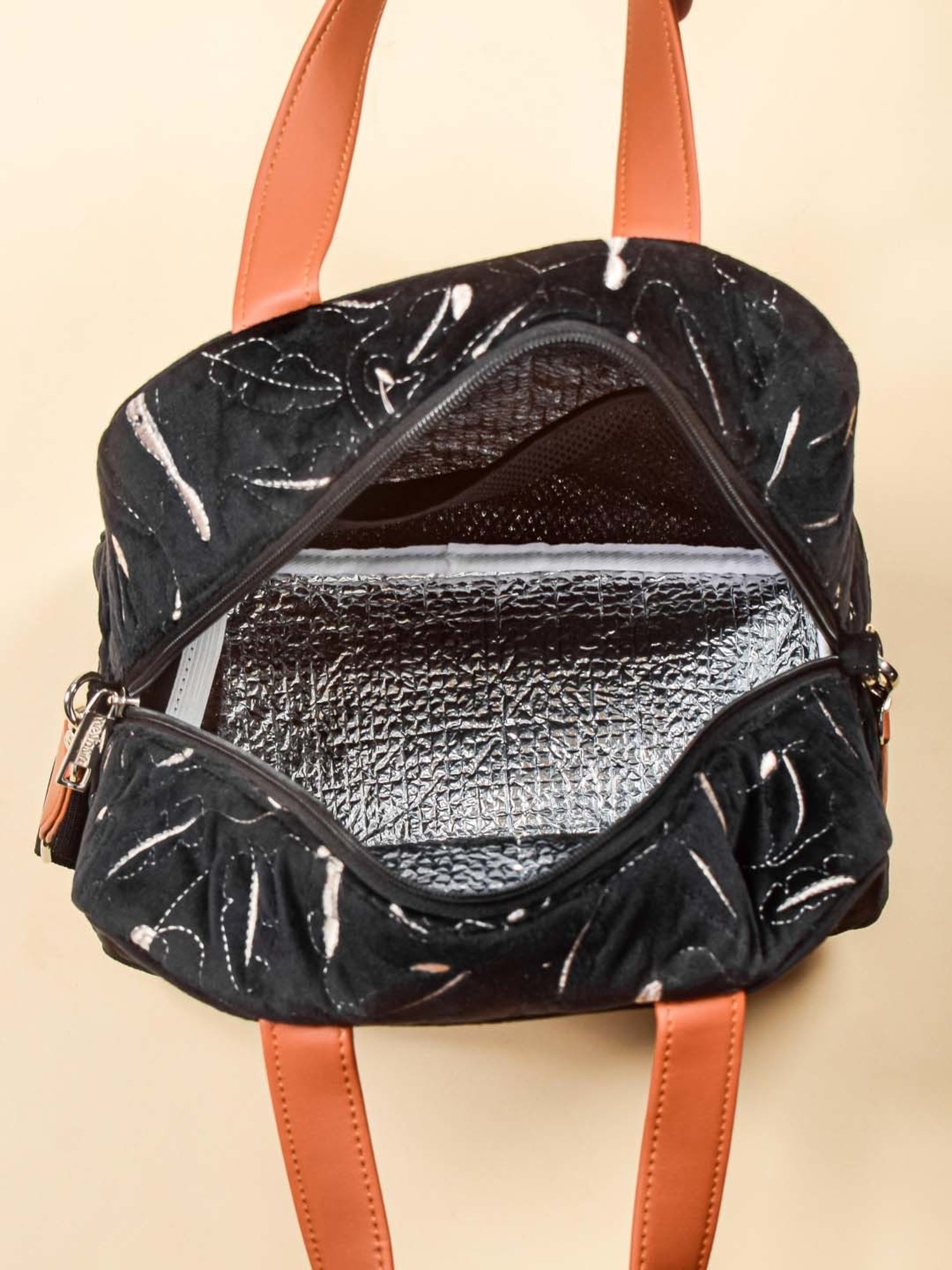 Nestasia High-Quality Insulated Velvet Black Lunch Bag With Adjustable Shoulder Strap & Handles