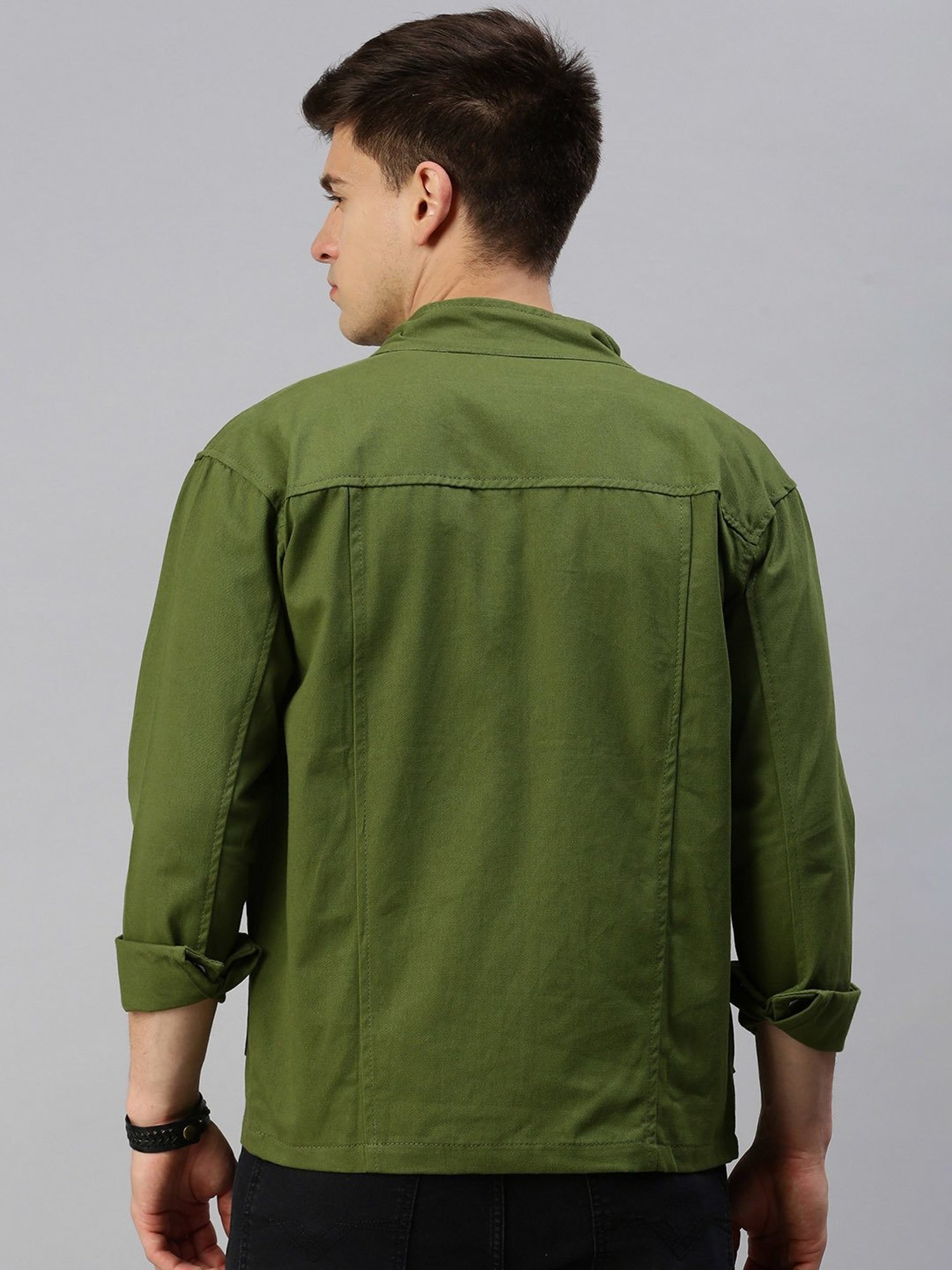 VOXATI Green Regular Fit Mock Collar Denim Jacket