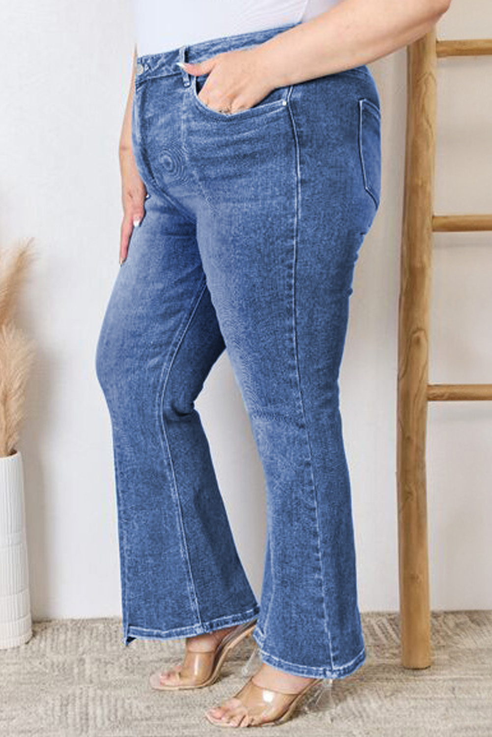 Dark Blue Plus Size Stitching Washed Flare Jeans