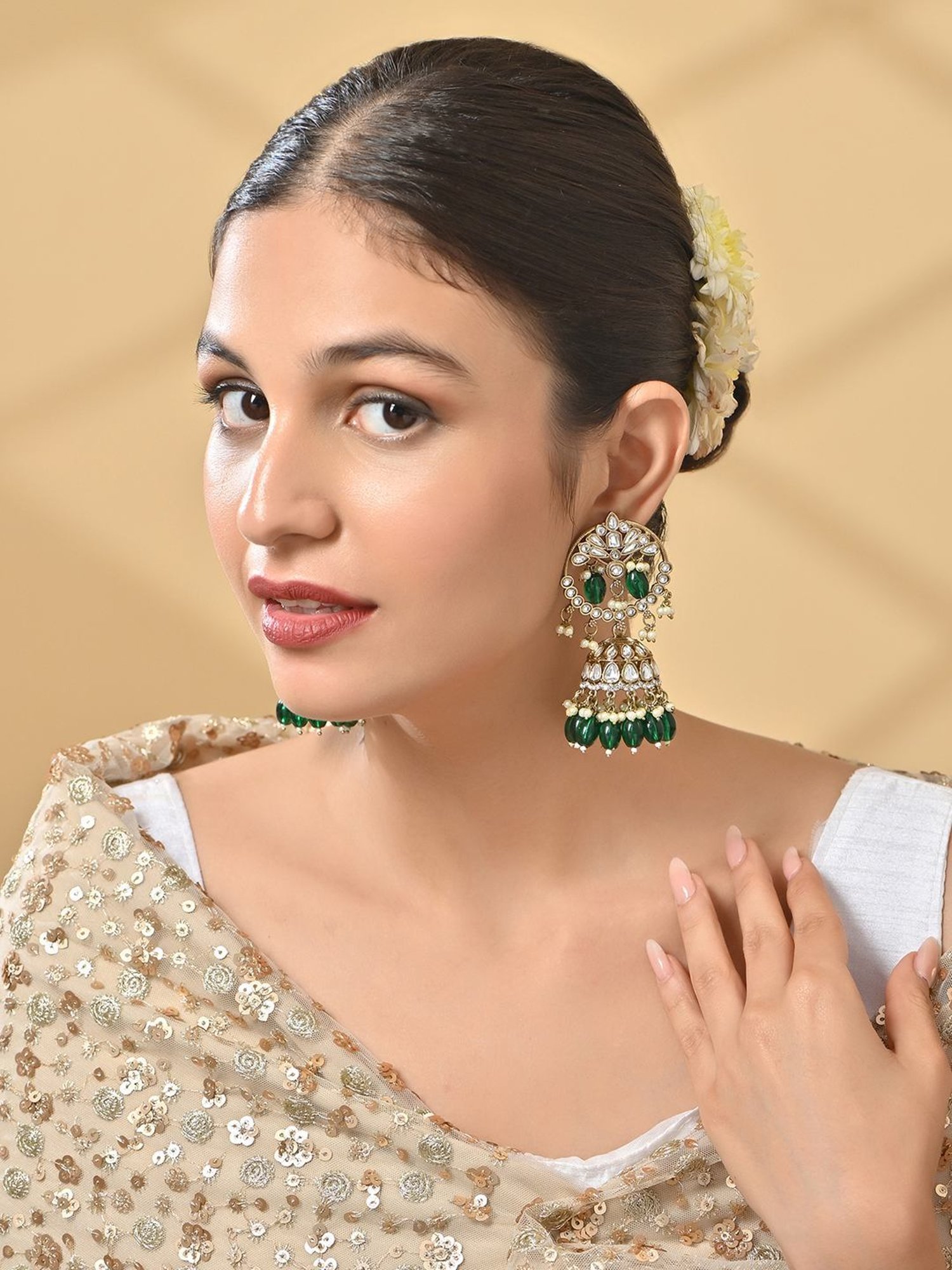 Fida Green Bridal Kundan Jhumki Earrings for Women