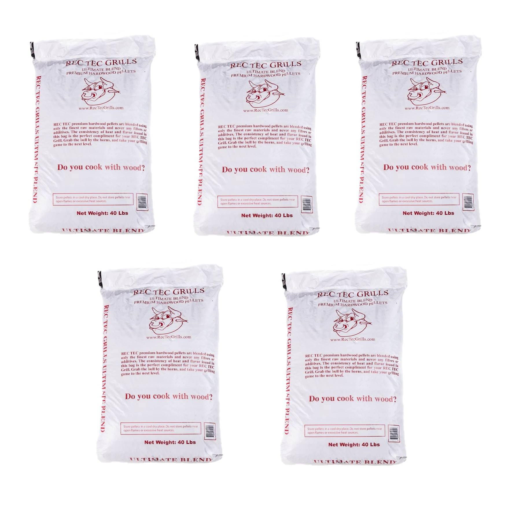 Rec Tec Grills Premium Hardwood Grilling Cooking Pellet Blend, 40Lb Bag (5 Pack)