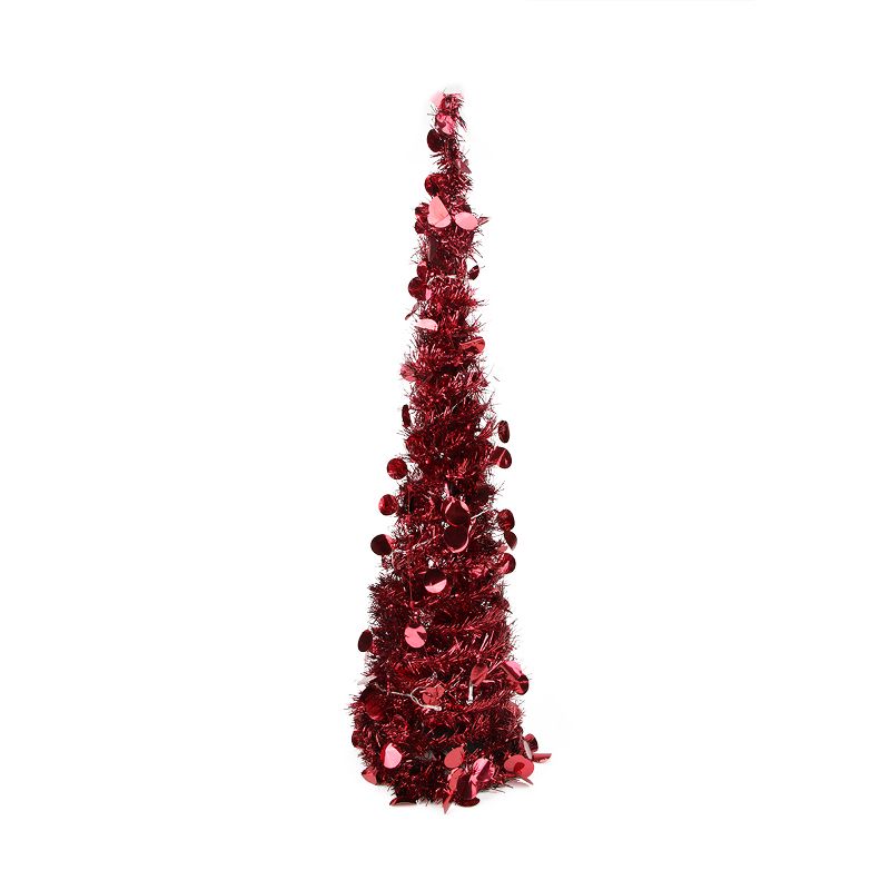 Penn 33" Pre-Lit Red Pop Up Artificial Christmas Tinsel Cone Tree - Polar White LED Lights