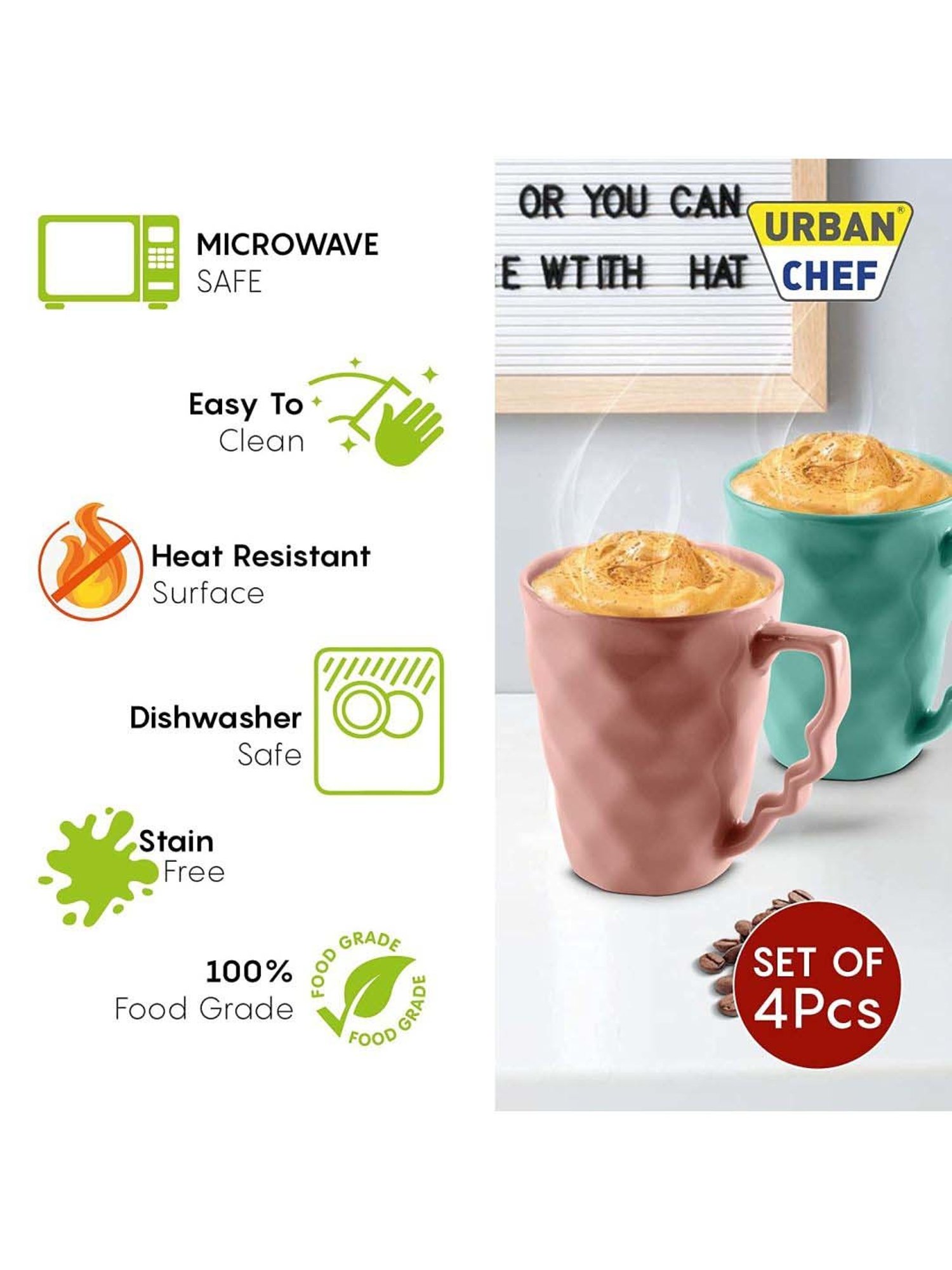 Urban Chef Multicolor Ceramic Microwave Safe Coffee Mug (0.225 L) - Set of 4
