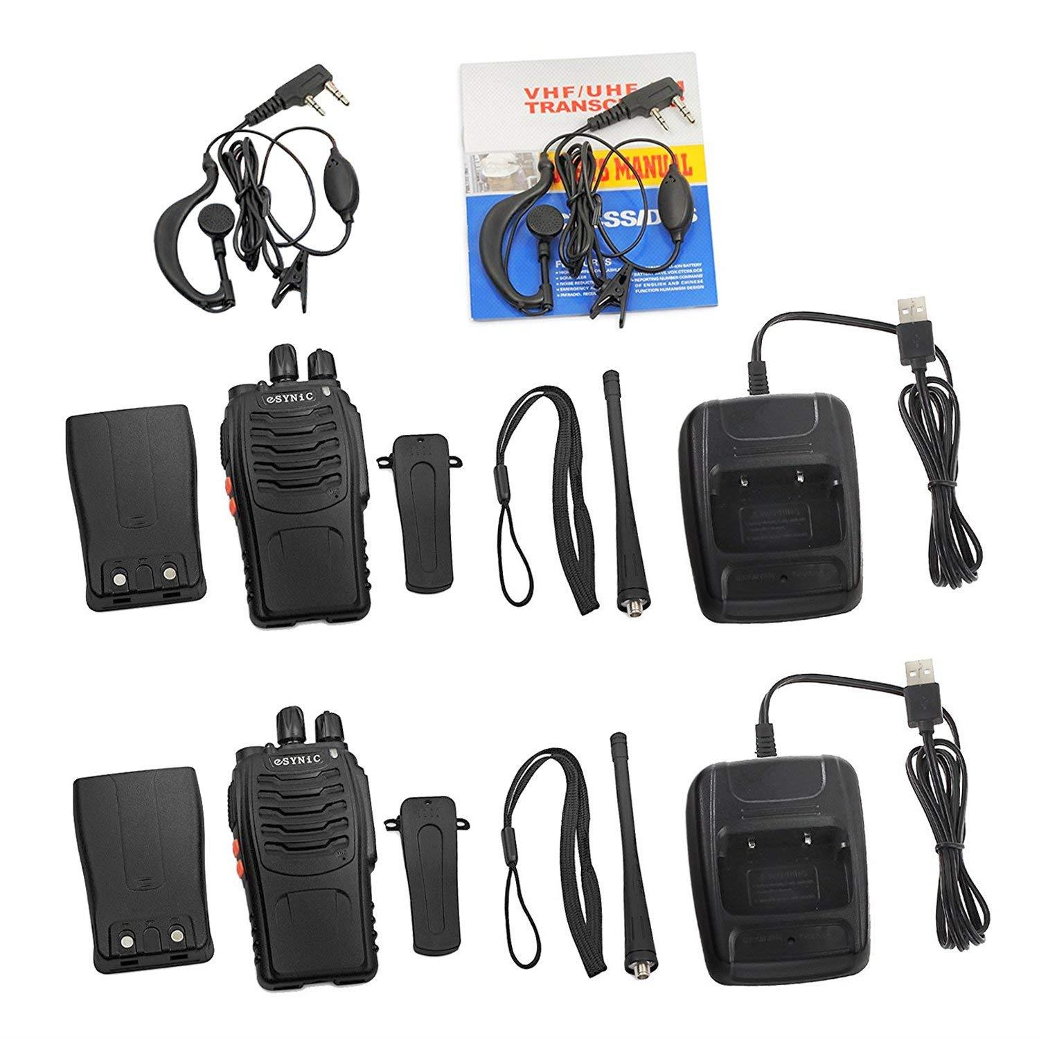 ESYNIC Rechargeable Walkie Talkies with Earpieces 2 pcs Long Range Two-Way Radio 16 Channel UHF USB Cable Charging walky talky Handheld Transceiver with Flashlight