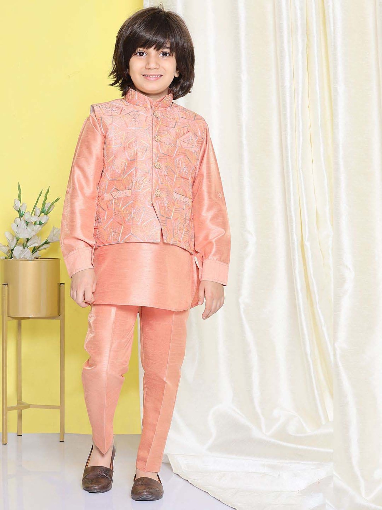AJ Dezines Kids Peach Embroidered Full Sleeves Kurta Set