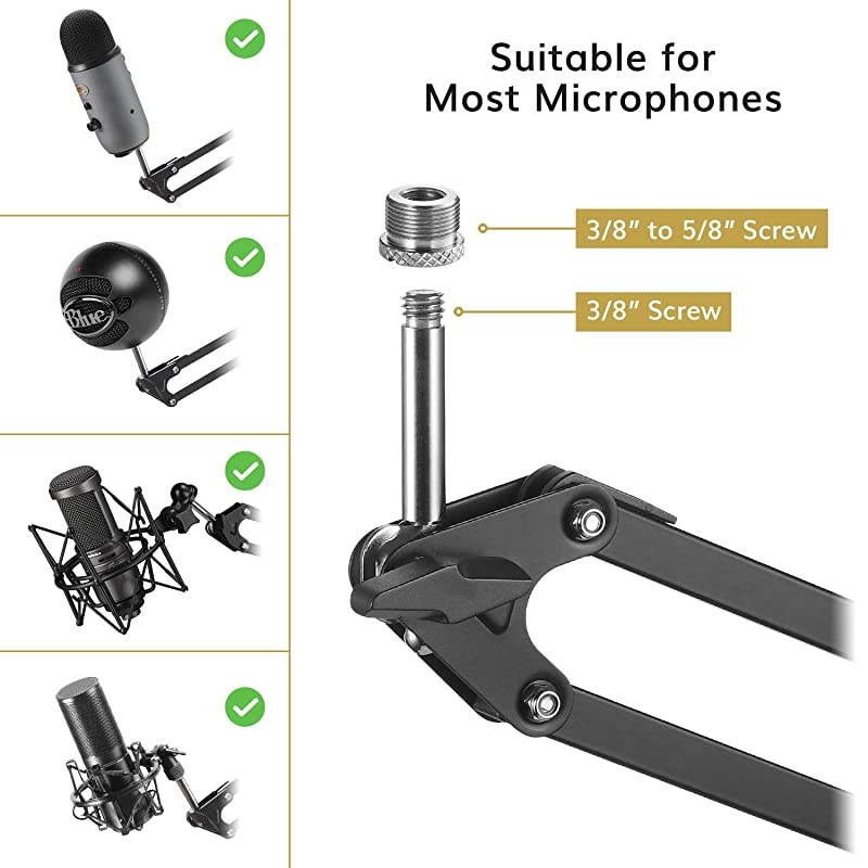 Microphone Arm Stand,  Adjustable Suspension Boom Scissor Mic Stand with Pop Filter, 3/8" to 5/8" Adapter, Mic Clip, Upgraded Heavy Duty Clamp for Blue Yeti Nano Snowball Ice and Other Mics(T20)