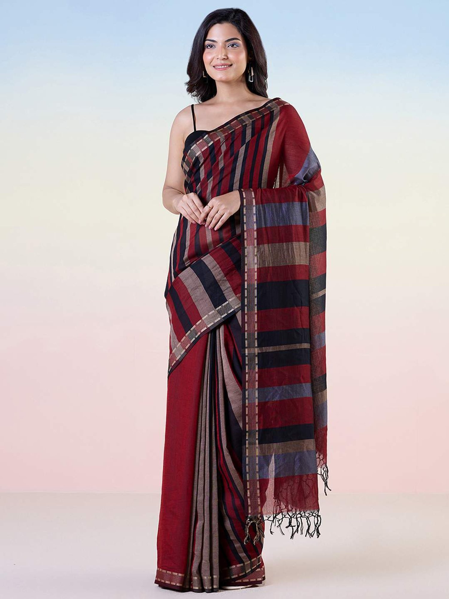 navyasa by liva Maroon Woven Saree With Unstitched Blouse