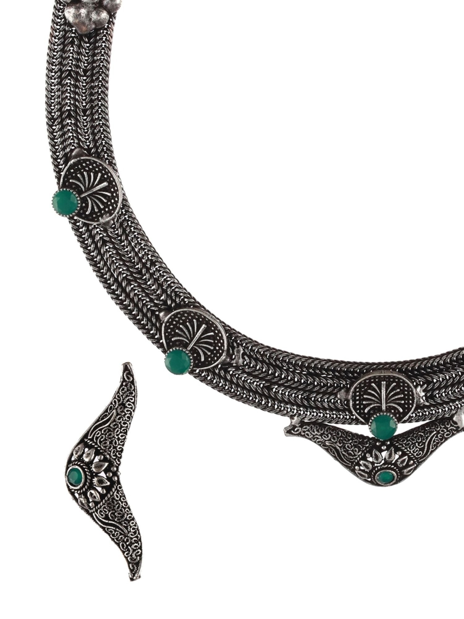 Aatmana Oxidised Silver-Tone Green Stone Studded Filgree Necklace Set for Women