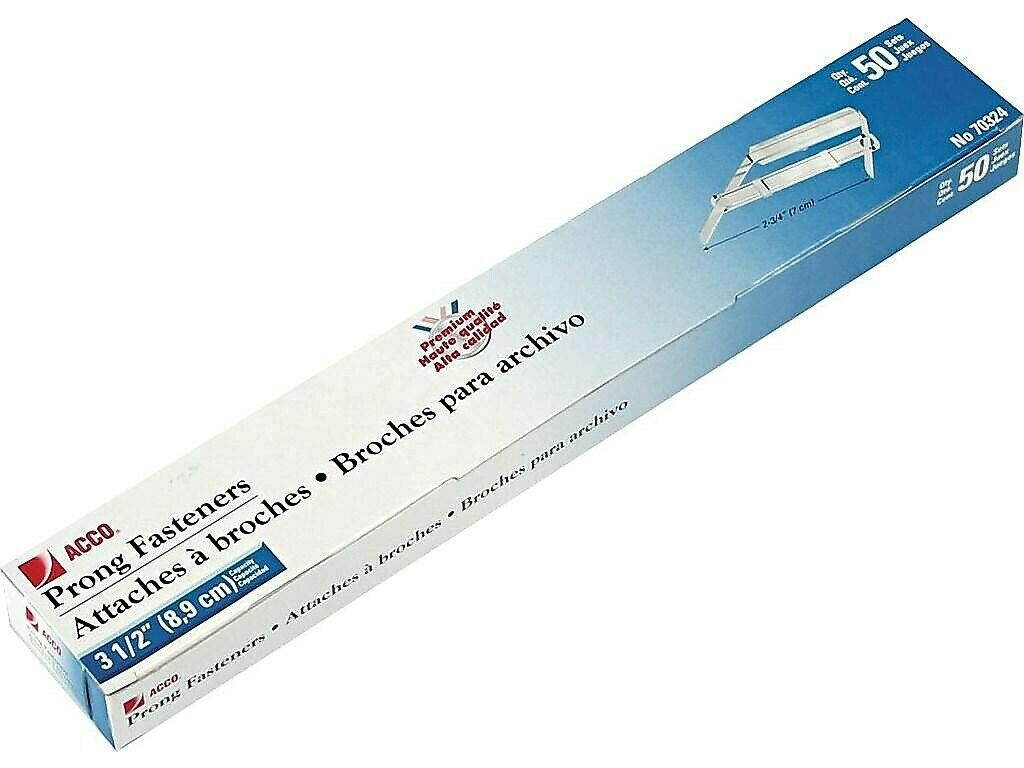 ACCO Two-Piece Paper Fasteners 3 1/2" Cap. 2 3/4" Center Silver 50/Box 70324