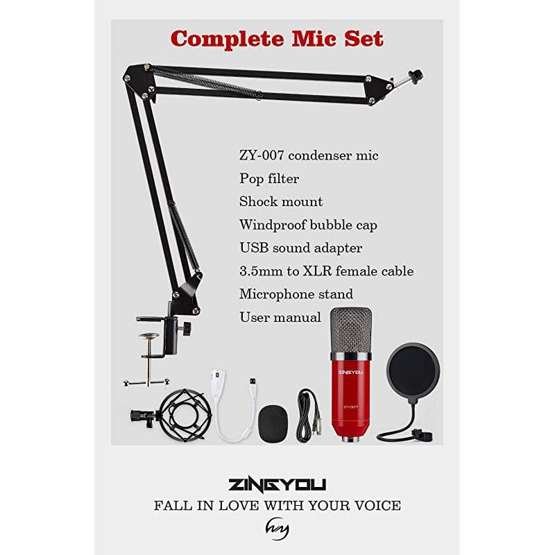 Condenser Microphone Bundle ZY007 Professional Cardioid Studio Condenser Mic Include Adjustable Suspension Scissor Arm Stand Shock Mount and Pop Filter Studio Recording Broadcasting