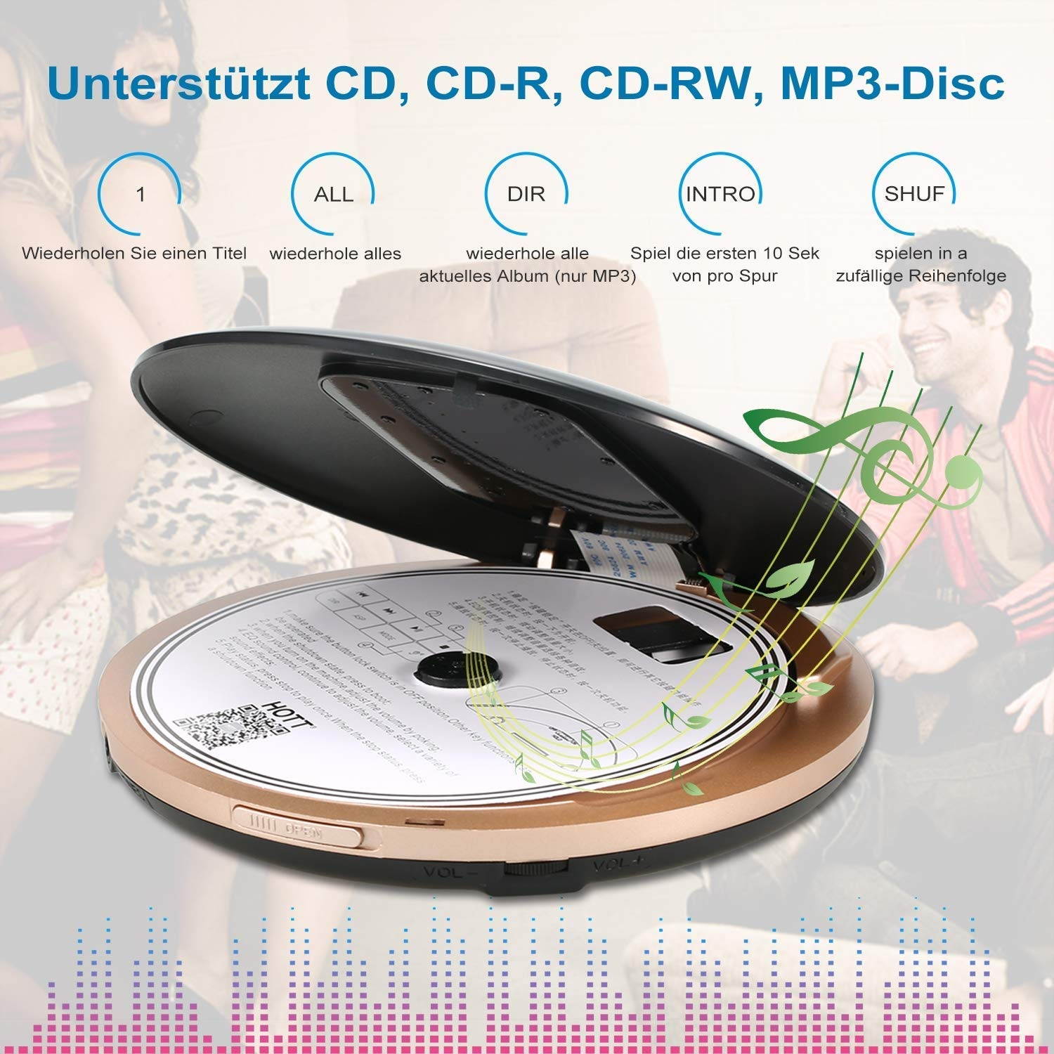 CD Player with Headphones, HOTT Personal CD Walkman Music Player with LCD Display, Skip Protection Shockproof Anti Scratch Function, Support CD, MP3 CD, CD-R, CD-RW Format - Black