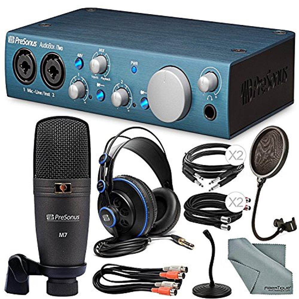 PreSonus Audiobox iTwo Studio USB/iPad hardware/software Recording Kit and Accessory Bundle w/ Xpix Pro Mic Stand + Cables + Fibertique Cloth + Pop Filter