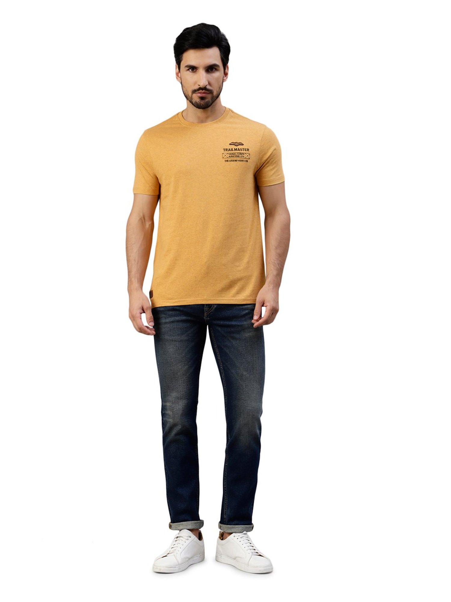 Royal Enfield Trail Master Mustard Melange Regular Fit Printed Crew T-Shirt