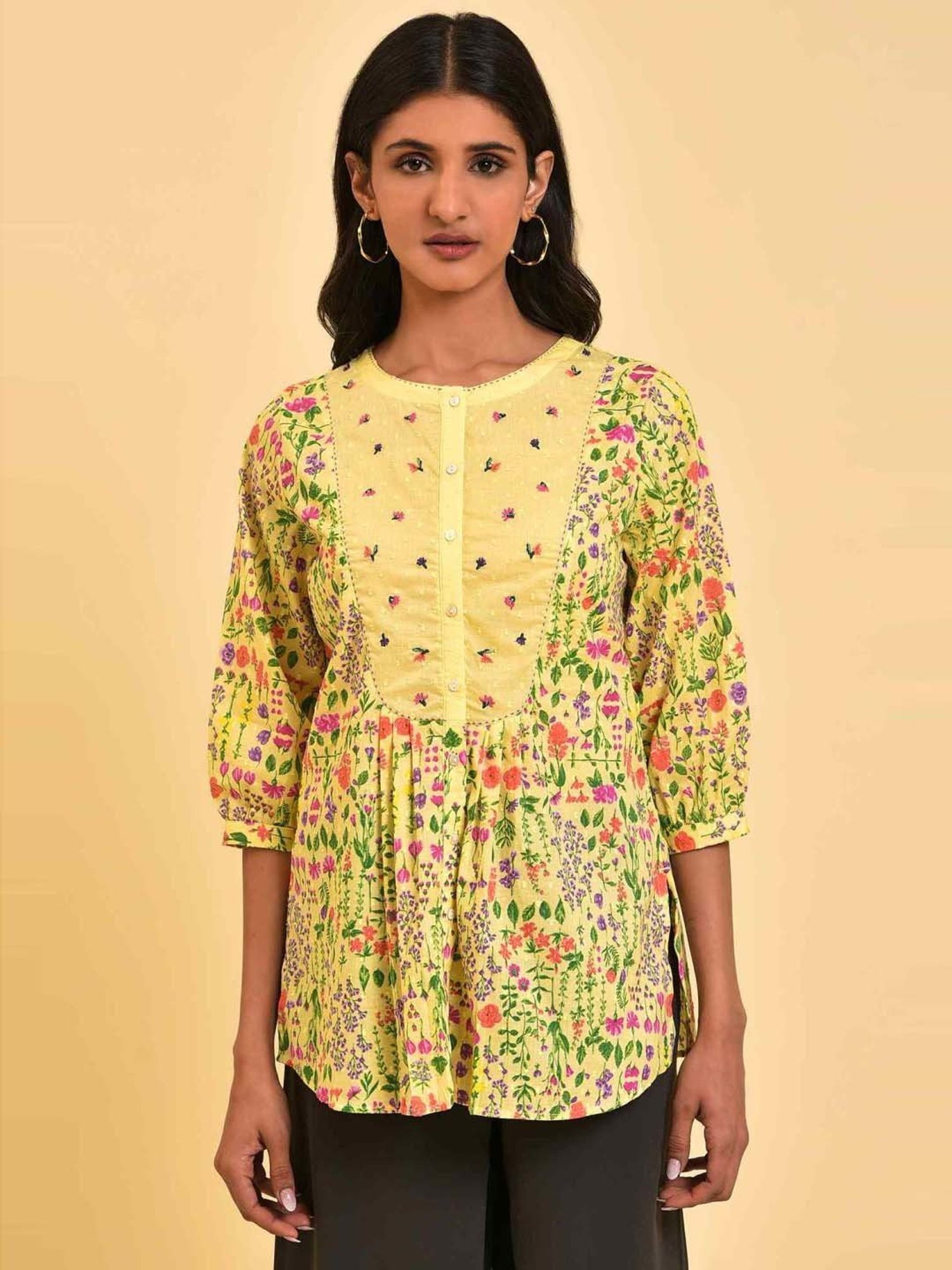 W Yellow Cotton Printed Tunic