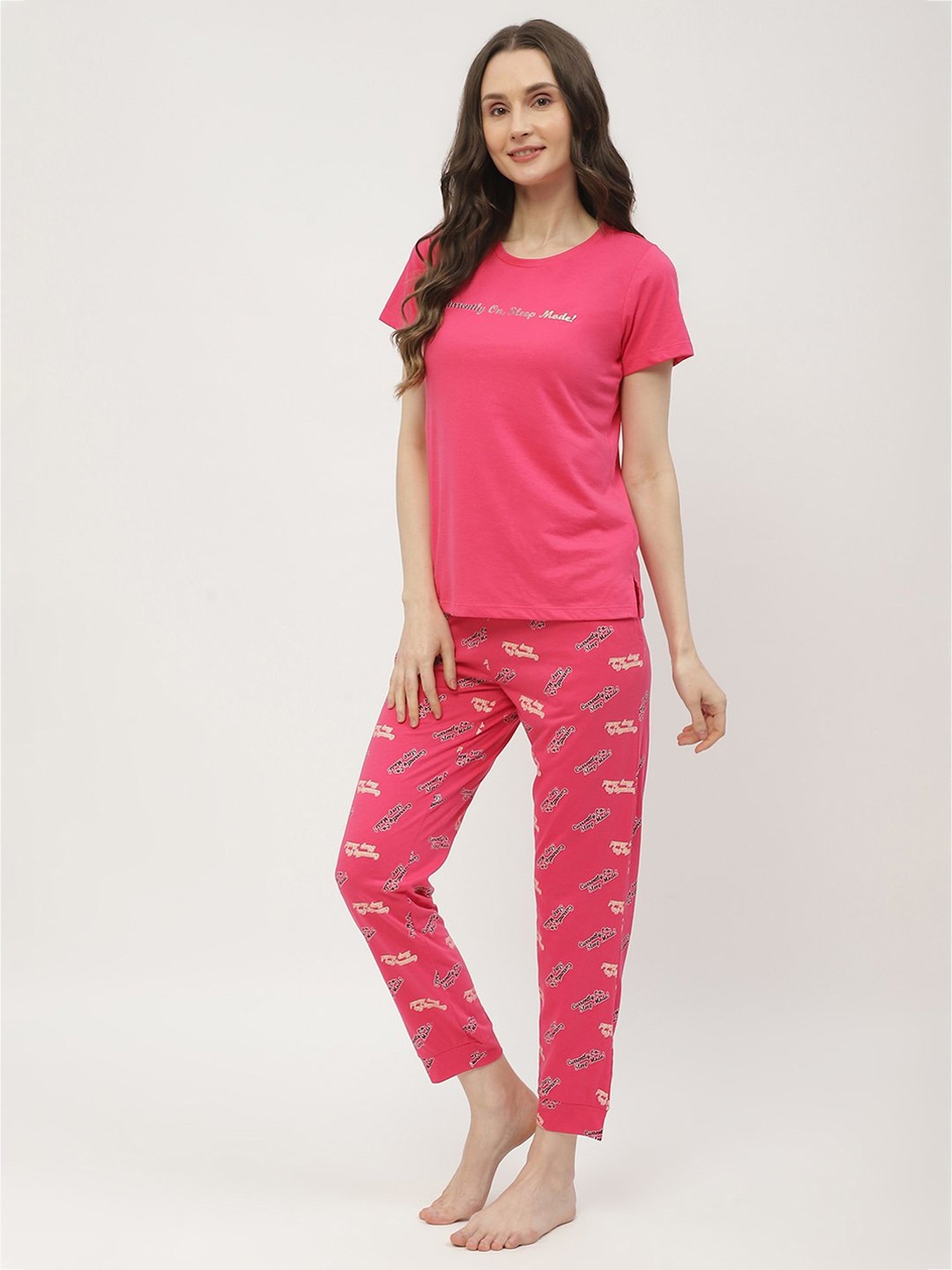 MADAME M Secret Pink Cotton Graphic Print T-Shirt With Pyjamas