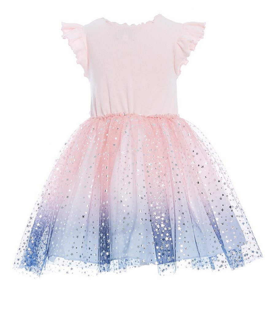 Pippa & Julie Little Girls 2T-6X Flutter-Sleeve Rib-Knit Bodice/Foiled Dip-Dye Skirted Fit-And-Flare Dress