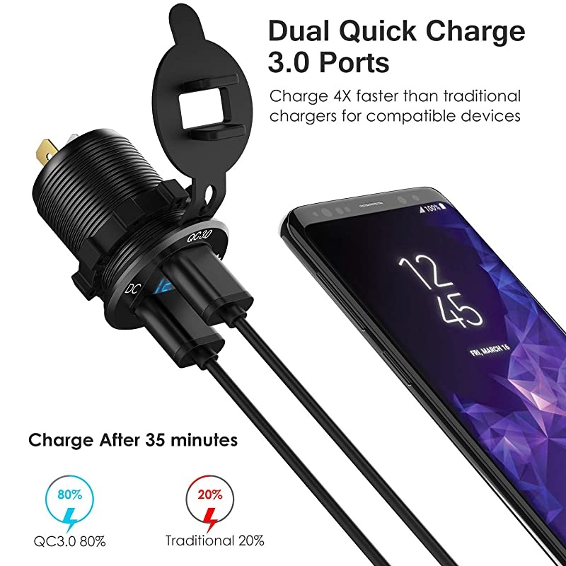 12V USB Outlet,  12V/24V 36W Aluminum Waterproof Dual QC3.0 USB Fast Charger Socket Power Outlet Adapter w/LED Digital Voltmeter for Car, Marine, Boat, Motorcycle, Truck, Golf Cart, etc