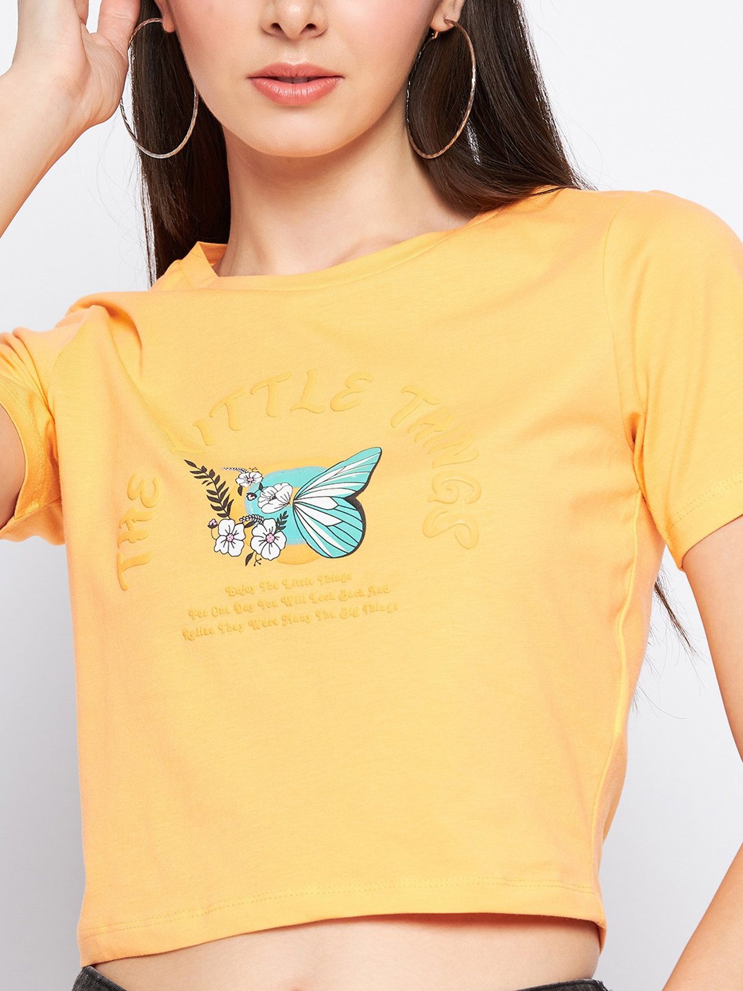 MADAME Orange Cotton Graphic Print Crop T-Shirt